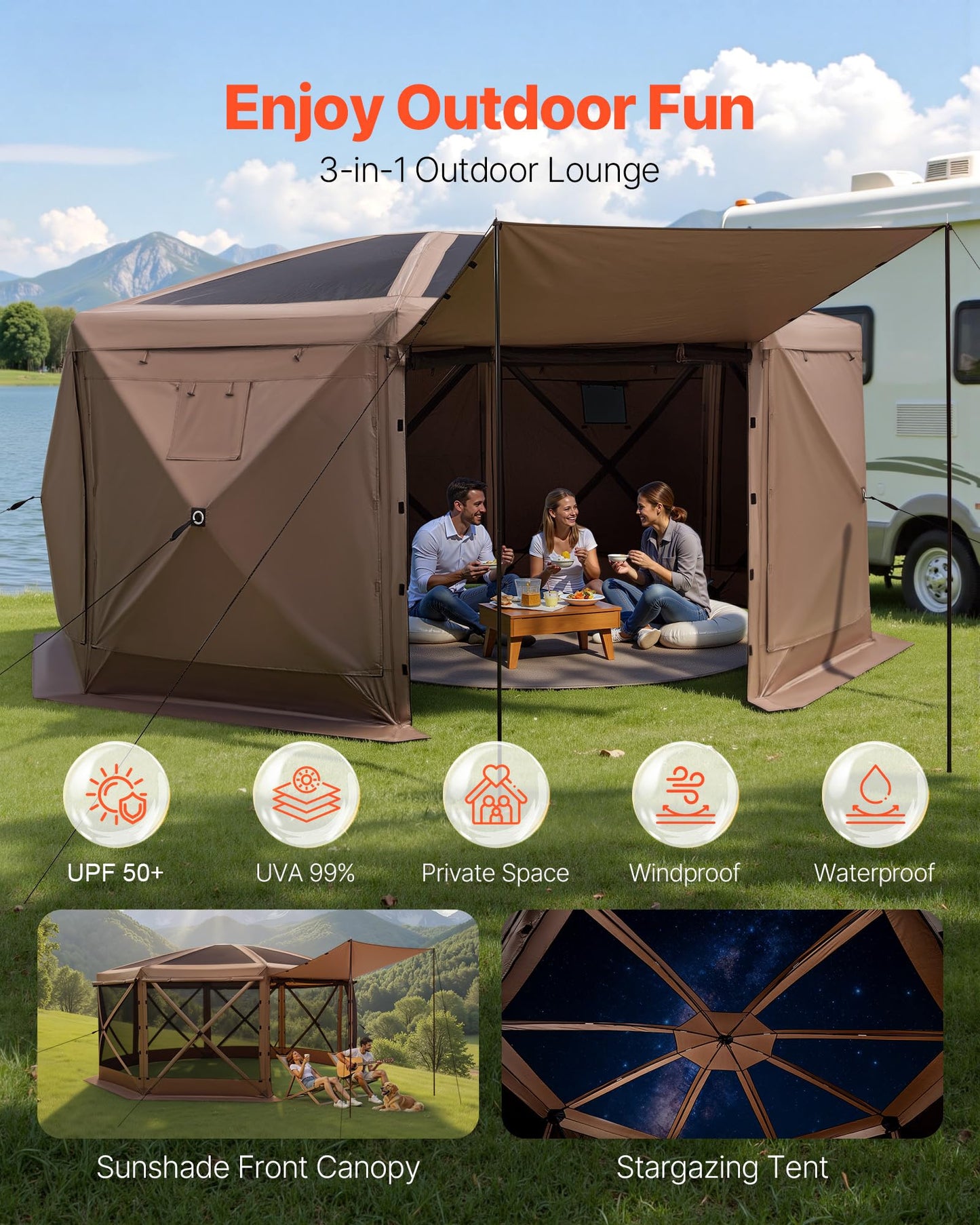 VEVOR Pop Up Gazebo Screen Tent 6 Sided Canopy Sun Shelter with 6 Removable Privacy Wind Cloths & Mesh Windows, 10x10FT Quick Set Screen Tent with Mosquito Netting, Army Green