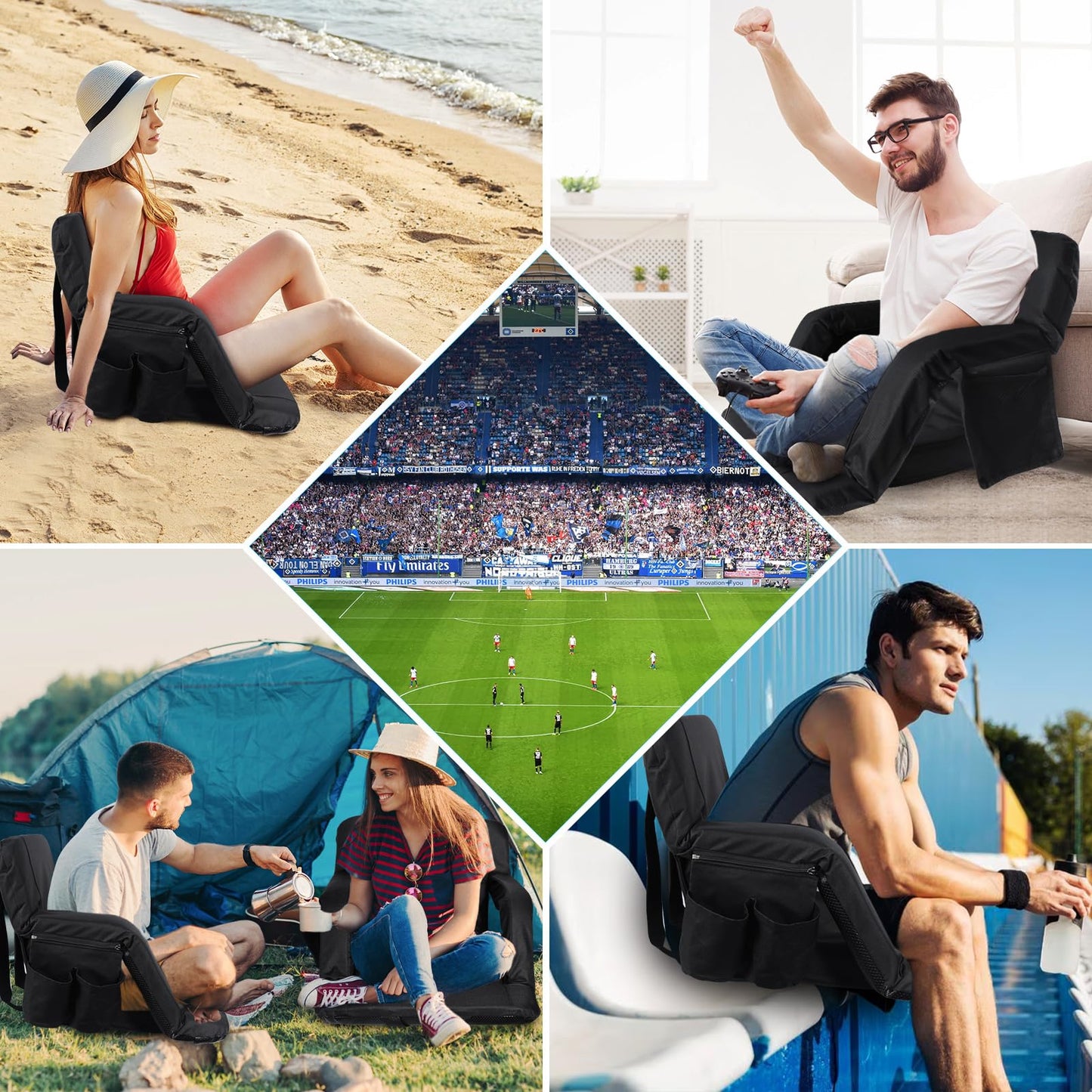 JTSIOV Stadium Seats with Back Support, 25" Extra Wide Bleacher Chairs with Back and Cushion, 3D Mesh Stitching Stadium Chair, 6 Reclining Positions Bleacher Seats for Sports Events