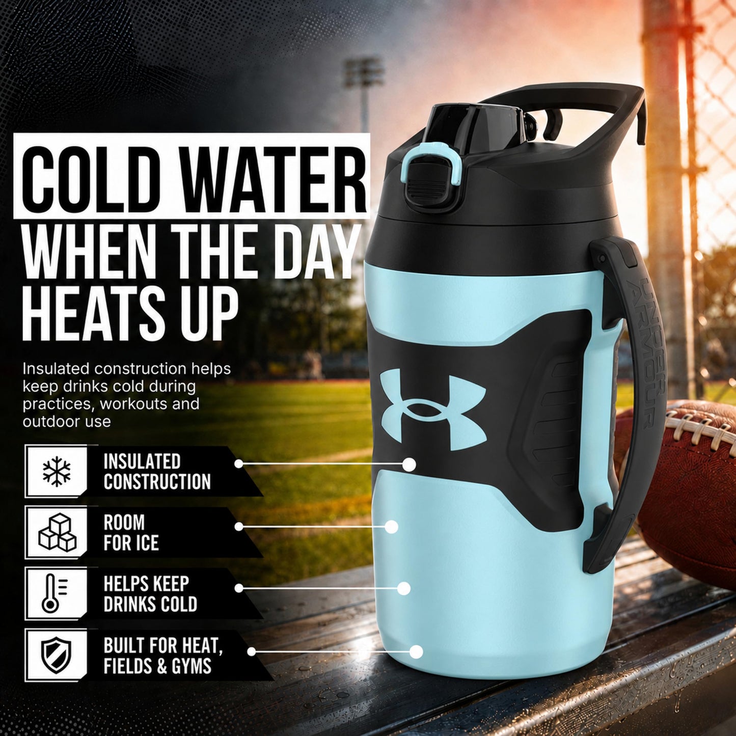 Under Armour Insulated Water Bottle with Handle & Fence Hook, Half Gallon Sports Water Jug, Leak-Resistant & BPA-Free for Baseball, Football & Gym - Black/Black, 64oz