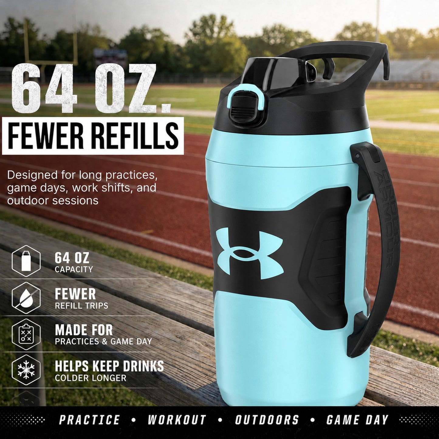 Under Armour Insulated Water Bottle with Handle & Fence Hook, Half Gallon Sports Water Jug, Leak-Resistant & BPA-Free for Baseball, Football & Gym - Black/Black, 64oz
