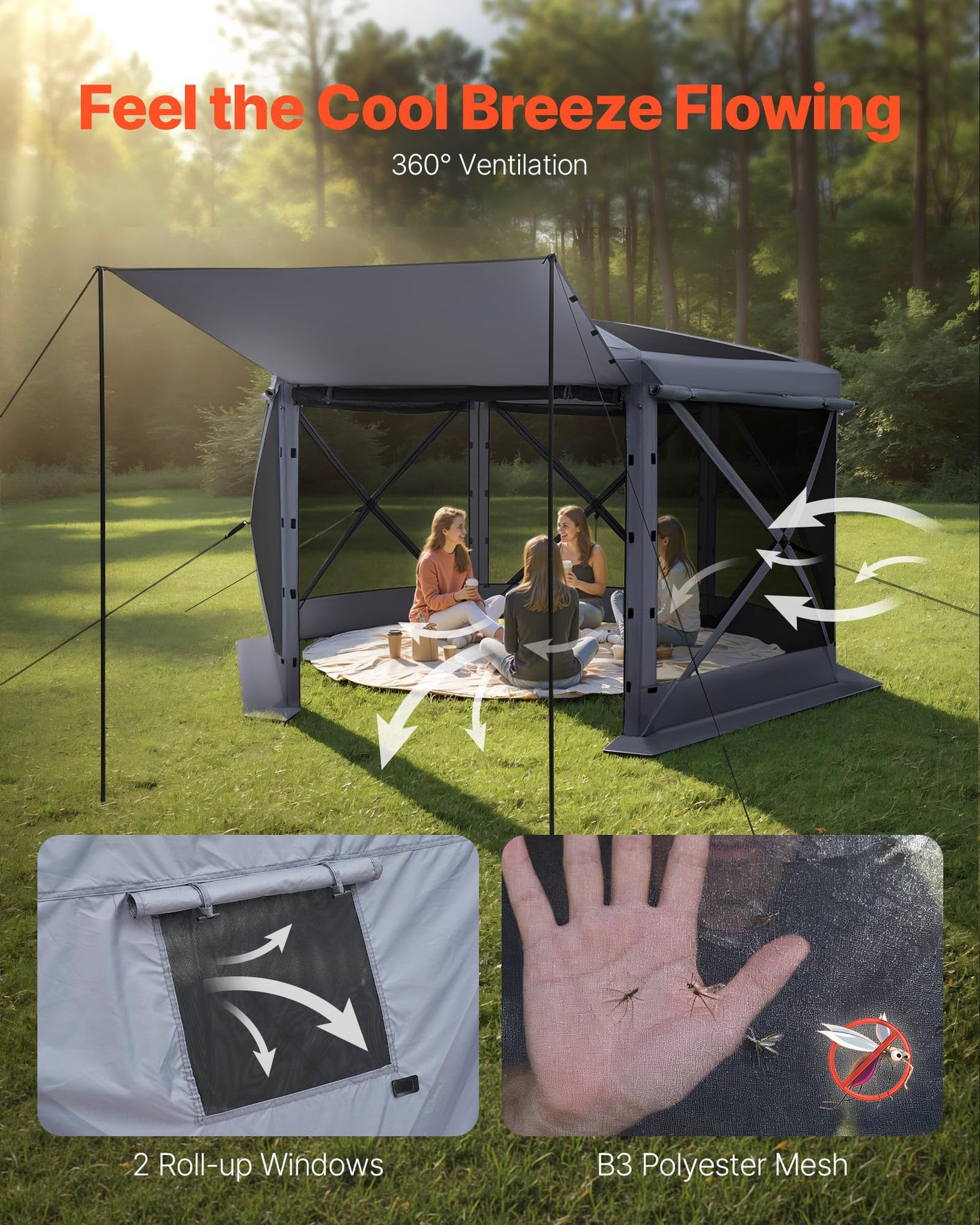 VEVOR Pop Up Gazebo Screen Tent 6 Sided Canopy Sun Shelter with 6 Removable Privacy Wind Cloths & Mesh Windows, 10x10FT Quick Set Screen Tent with Mosquito Netting, Army Green