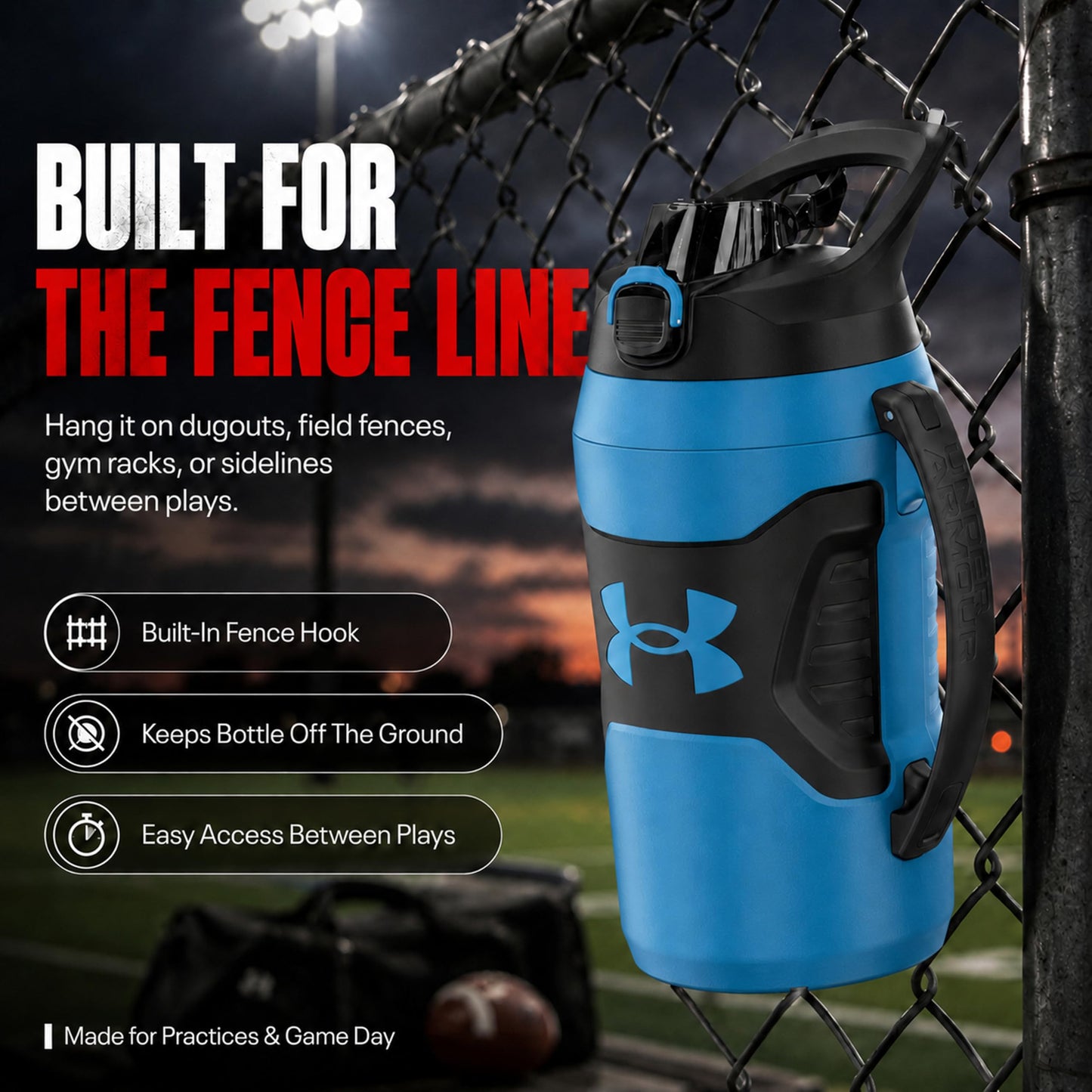 Under Armour Insulated Water Bottle with Handle & Fence Hook, Half Gallon Sports Water Jug, Leak-Resistant & BPA-Free for Baseball, Football & Gym - Black/Black, 64oz