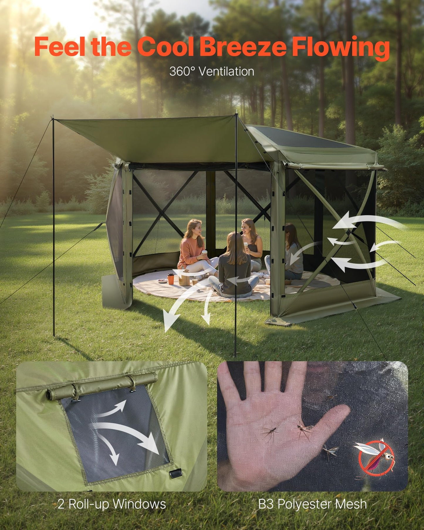 VEVOR Pop Up Gazebo Screen Tent 6 Sided Canopy Sun Shelter with 6 Removable Privacy Wind Cloths & Mesh Windows, 10x10FT Quick Set Screen Tent with Mosquito Netting, Army Green
