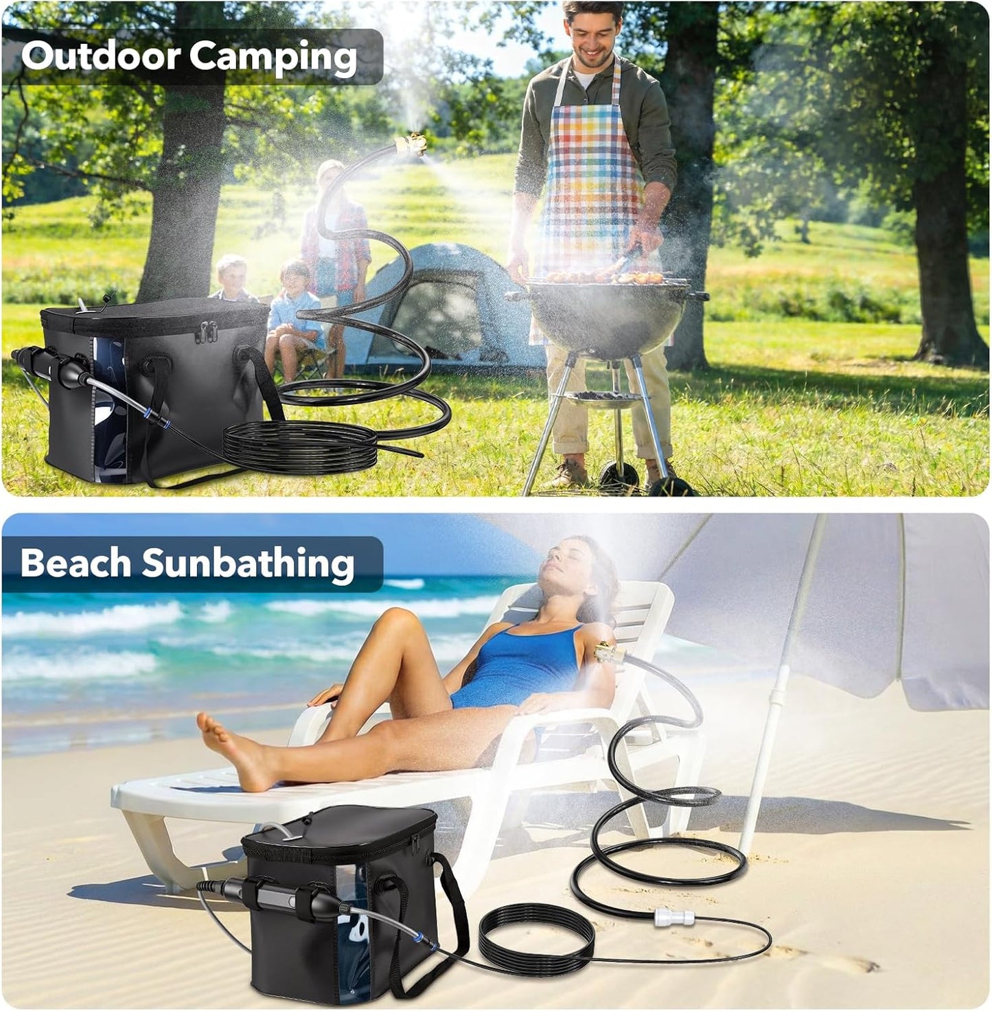 Neitra Portable Misting Systems, Water Misters Cooling Outdoor with 5000mAh Water Pump, 20L Bucket, 9.8FT Hose & 8.2FT Cobra Mist Stand for Patio/Umbrella/Poultry/Golf Cart/Camping