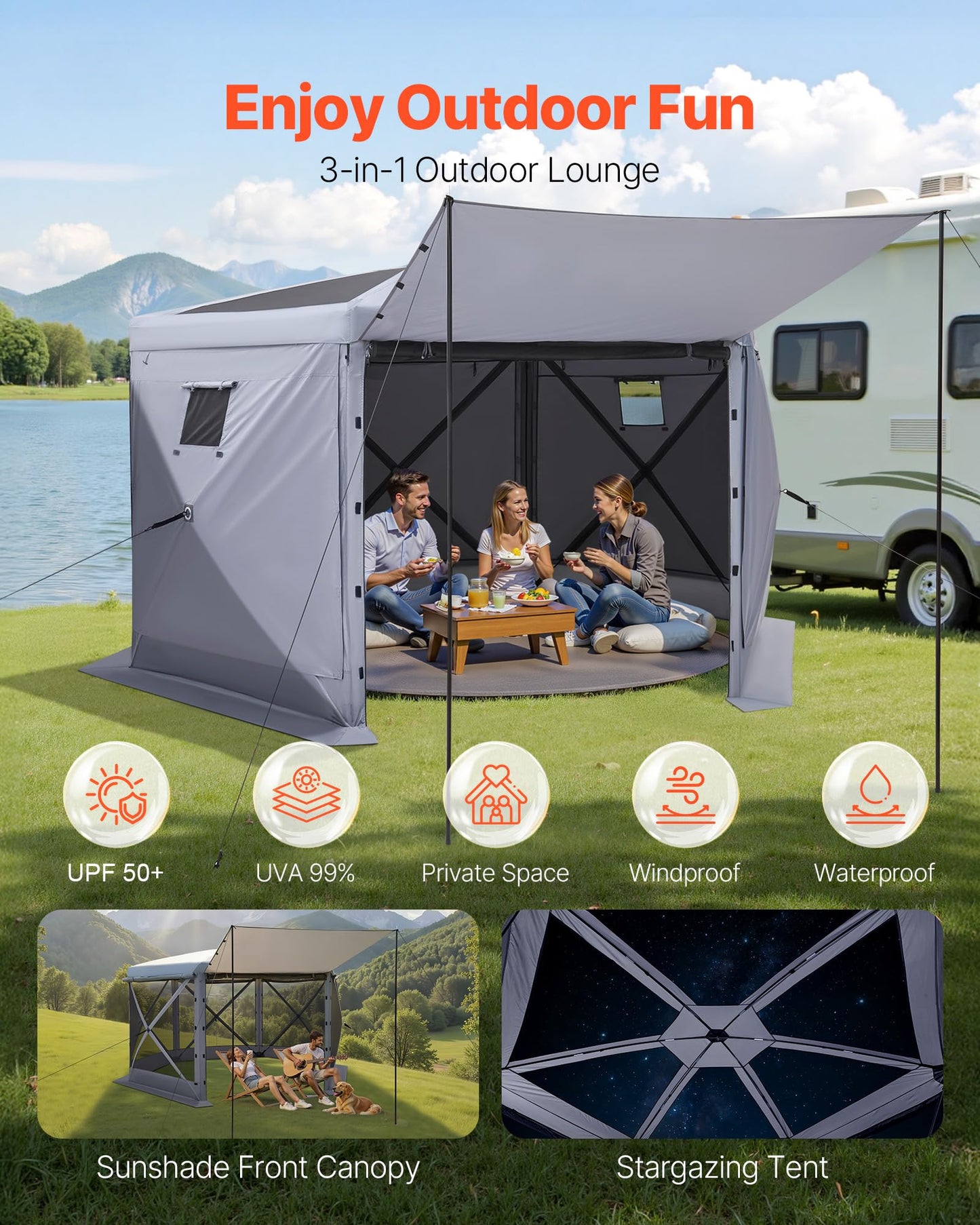 VEVOR Pop Up Gazebo Screen Tent 6 Sided Canopy Sun Shelter with 6 Removable Privacy Wind Cloths & Mesh Windows, 10x10FT Quick Set Screen Tent with Mosquito Netting, Army Green