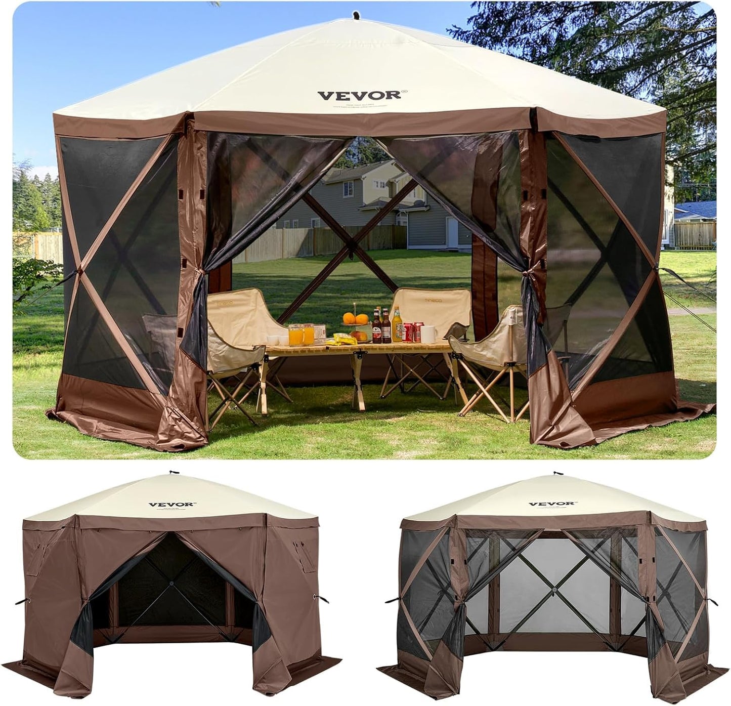 VEVOR Pop Up Gazebo Screen Tent 6 Sided Canopy Sun Shelter with 6 Removable Privacy Wind Cloths & Mesh Windows, 10x10FT Quick Set Screen Tent with Mosquito Netting, Army Green