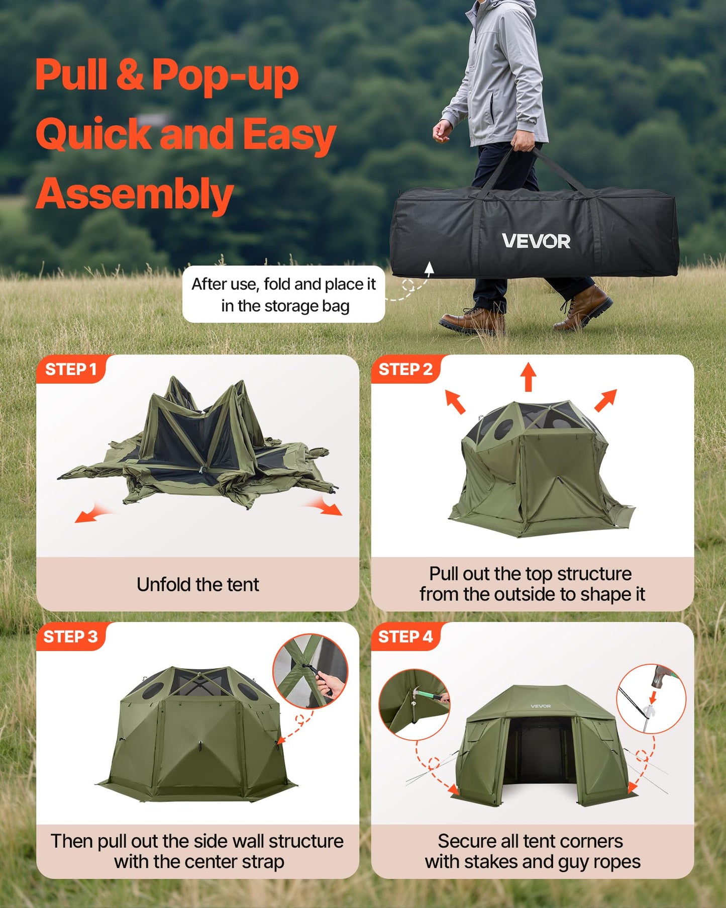 VEVOR Pop Up Gazebo Screen Tent 6 Sided Canopy Sun Shelter with 6 Removable Privacy Wind Cloths & Mesh Windows, 10x10FT Quick Set Screen Tent with Mosquito Netting, Army Green