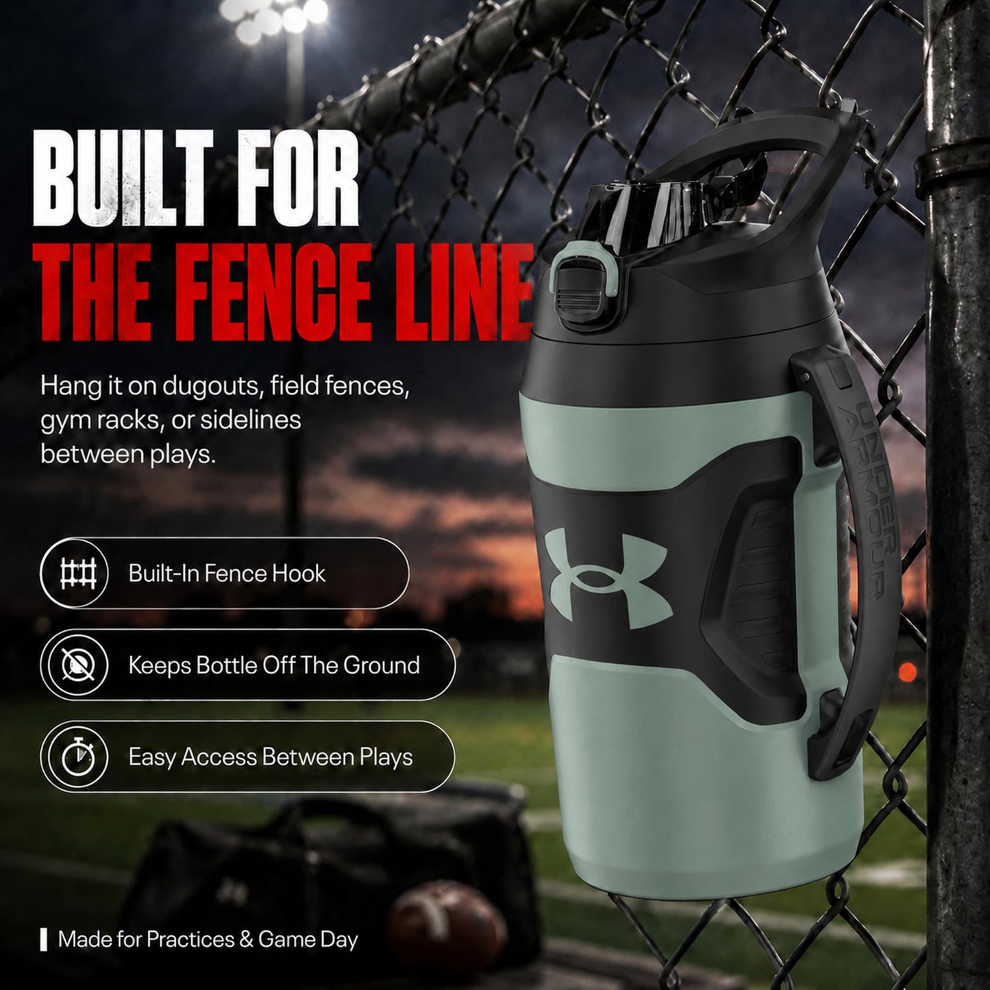 Under Armour Insulated Water Bottle with Handle & Fence Hook, Half Gallon Sports Water Jug, Leak-Resistant & BPA-Free for Baseball, Football & Gym - Black/Black, 64oz