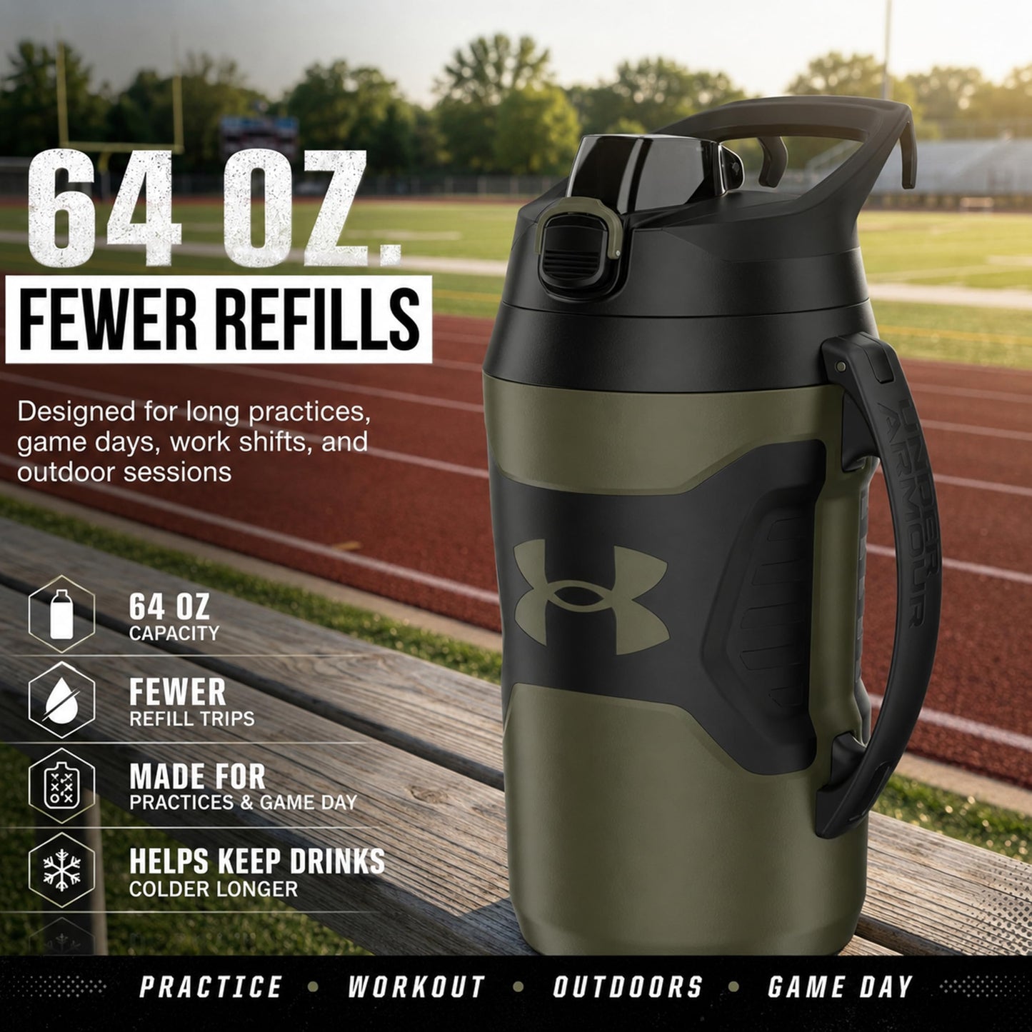 Under Armour Insulated Water Bottle with Handle & Fence Hook, Half Gallon Sports Water Jug, Leak-Resistant & BPA-Free for Baseball, Football & Gym - Black/Black, 64oz