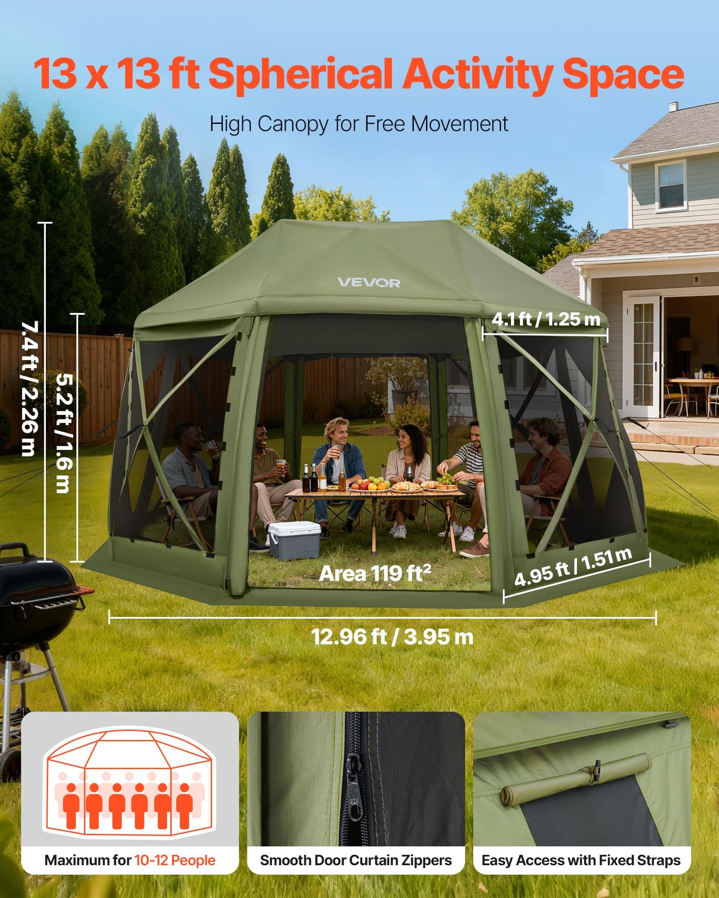 VEVOR Pop Up Gazebo Screen Tent 6 Sided Canopy Sun Shelter with 6 Removable Privacy Wind Cloths & Mesh Windows, 10x10FT Quick Set Screen Tent with Mosquito Netting, Army Green