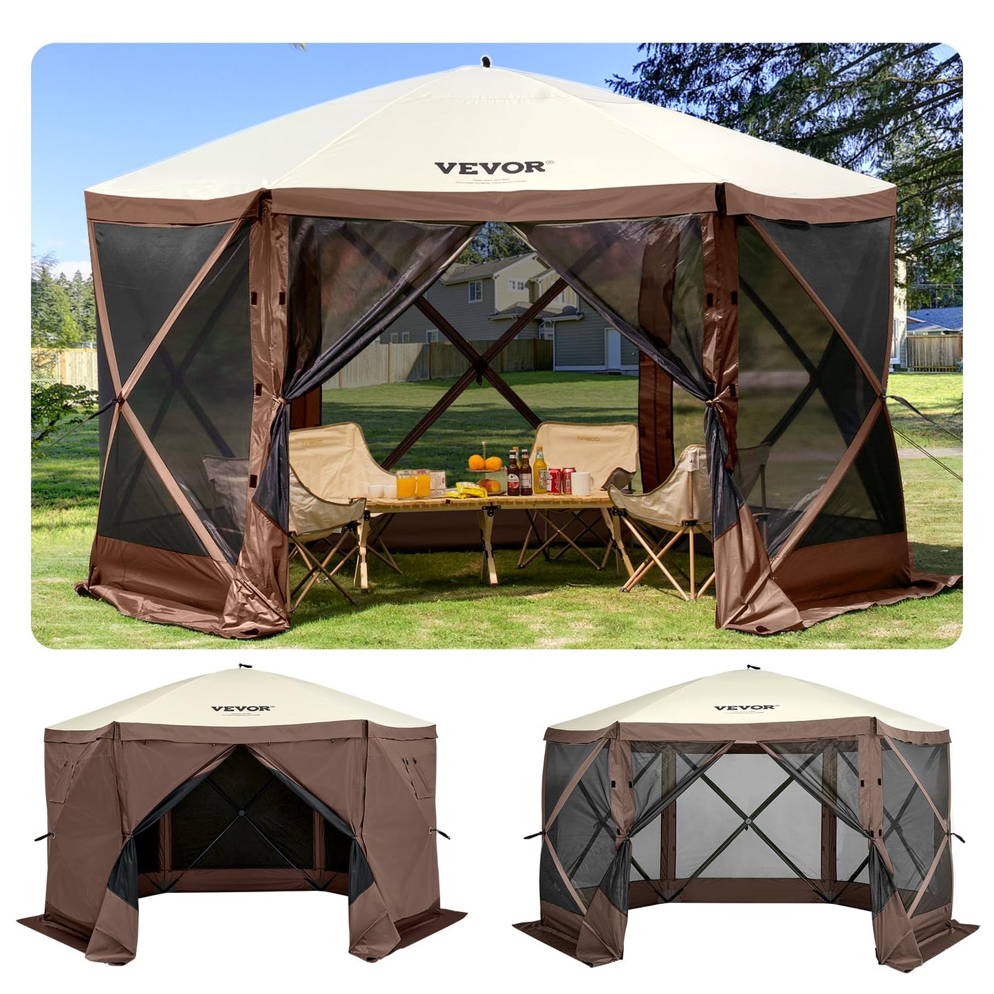 VEVOR Pop Up Gazebo Screen Tent 6 Sided Canopy Sun Shelter with 6 Removable Privacy Wind Cloths & Mesh Windows, 10x10FT Quick Set Screen Tent with Mosquito Netting, Army Green