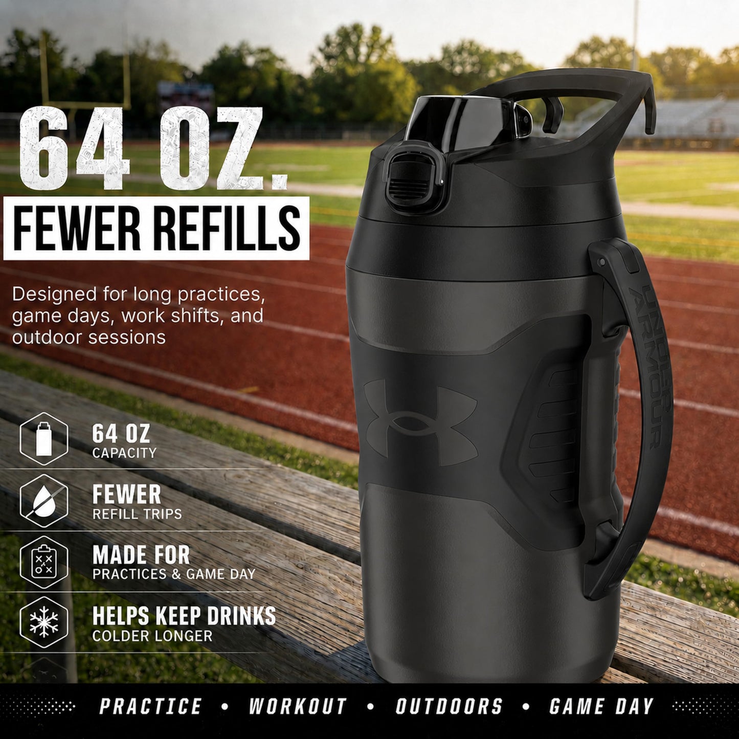 Under Armour Insulated Water Bottle with Handle & Fence Hook, Half Gallon Sports Water Jug, Leak-Resistant & BPA-Free for Baseball, Football & Gym - Black/Black, 64oz