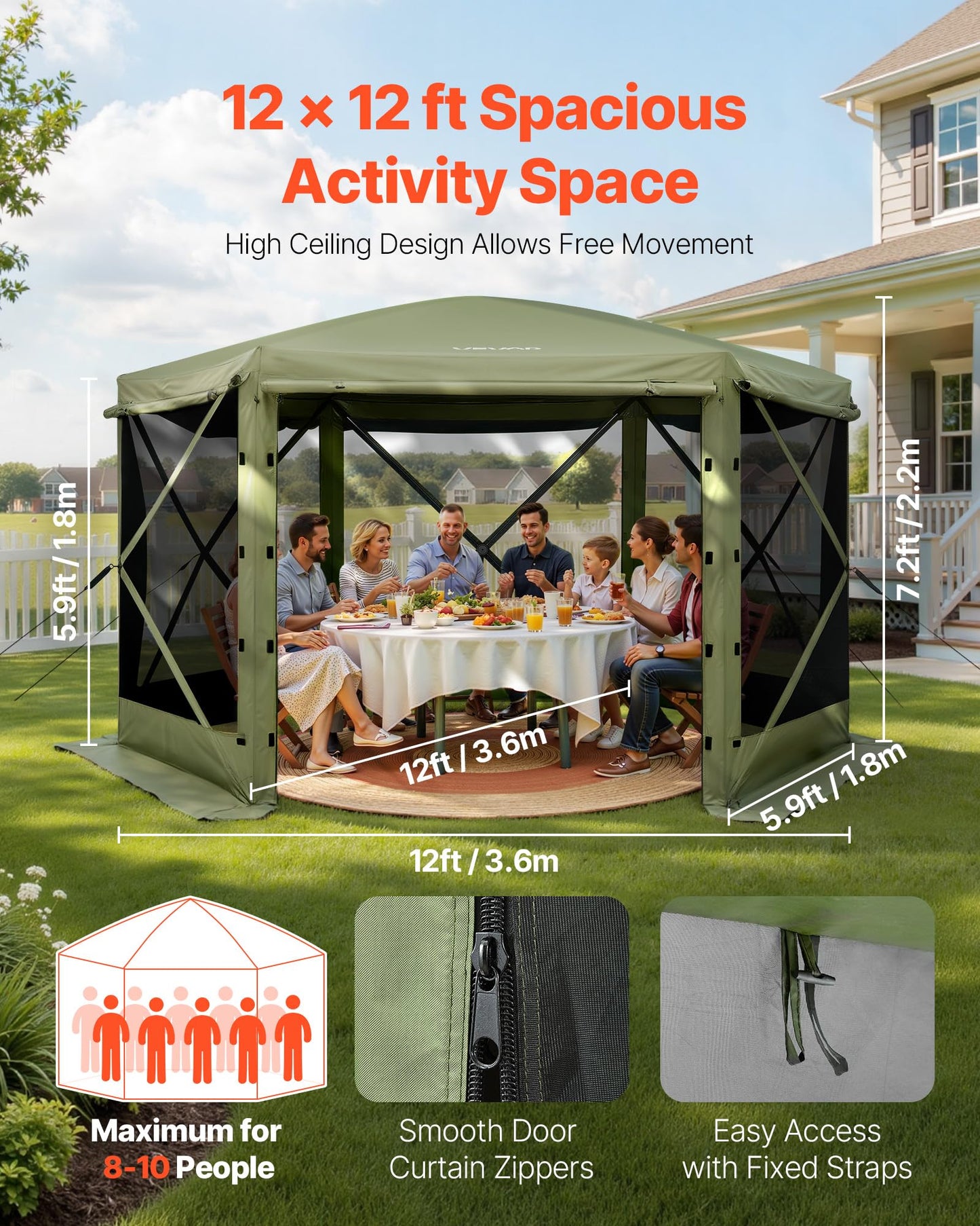 VEVOR Pop Up Gazebo Screen Tent 6 Sided Canopy Sun Shelter with 6 Removable Privacy Wind Cloths & Mesh Windows, 10x10FT Quick Set Screen Tent with Mosquito Netting, Army Green