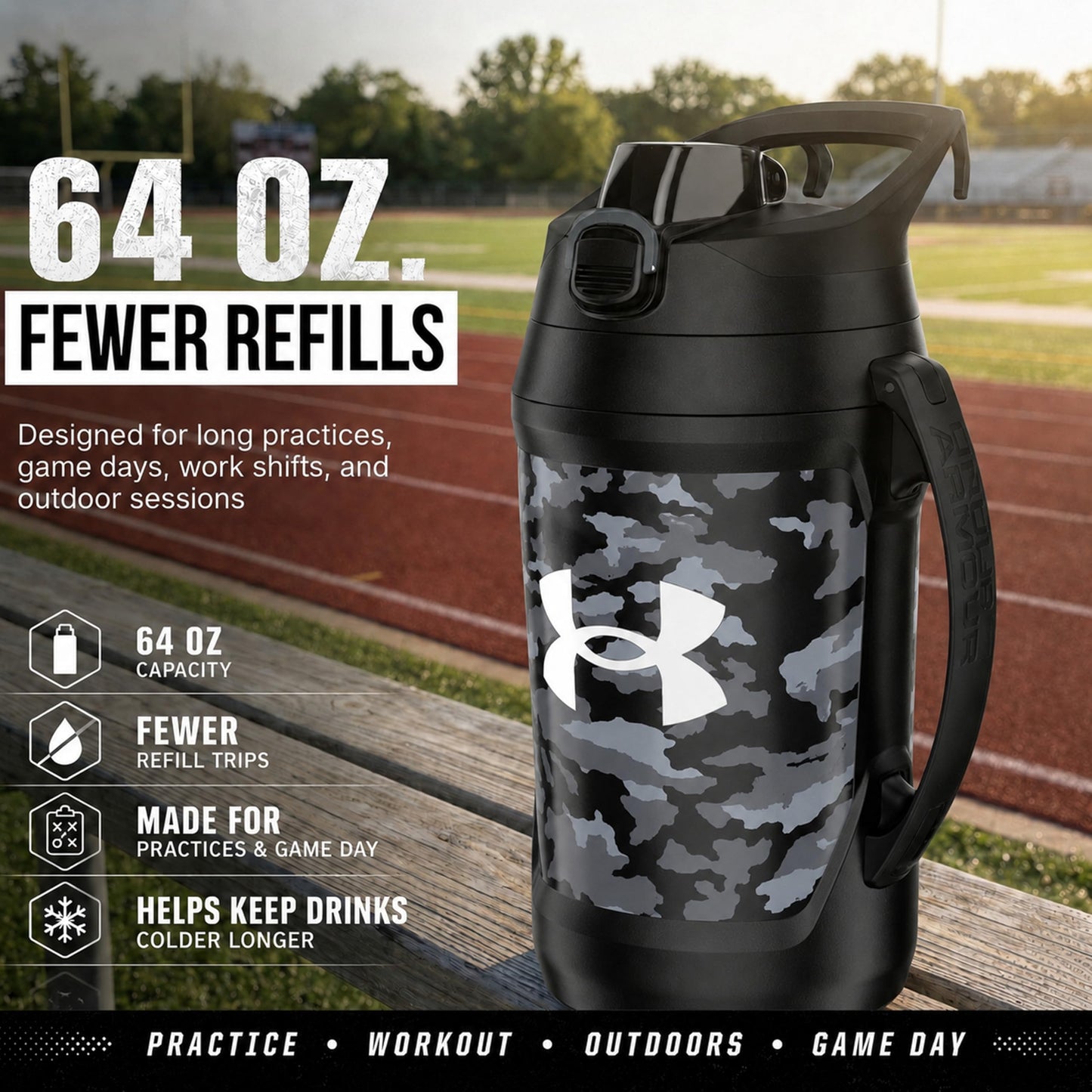 Under Armour Insulated Water Bottle with Handle & Fence Hook, Half Gallon Sports Water Jug, Leak-Resistant & BPA-Free for Baseball, Football & Gym - Black/Black, 64oz