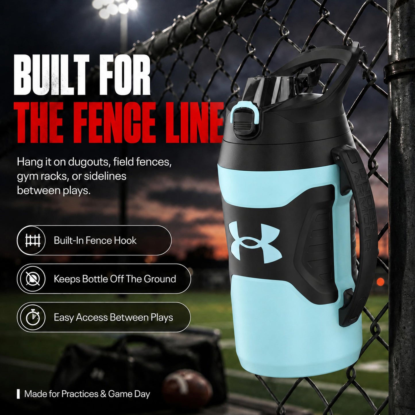 Under Armour Insulated Water Bottle with Handle & Fence Hook, Half Gallon Sports Water Jug, Leak-Resistant & BPA-Free for Baseball, Football & Gym - Black/Black, 64oz