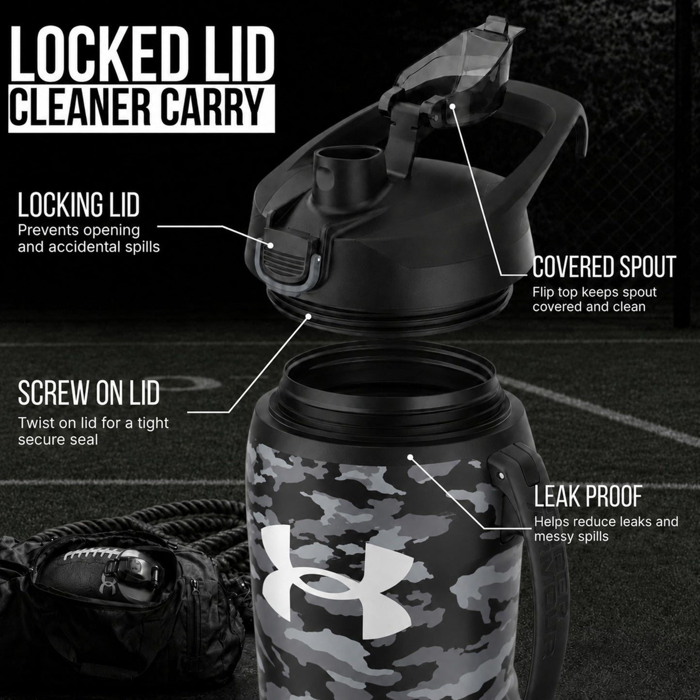 Under Armour Insulated Water Bottle with Handle & Fence Hook, Half Gallon Sports Water Jug, Leak-Resistant & BPA-Free for Baseball, Football & Gym - Black/Black, 64oz