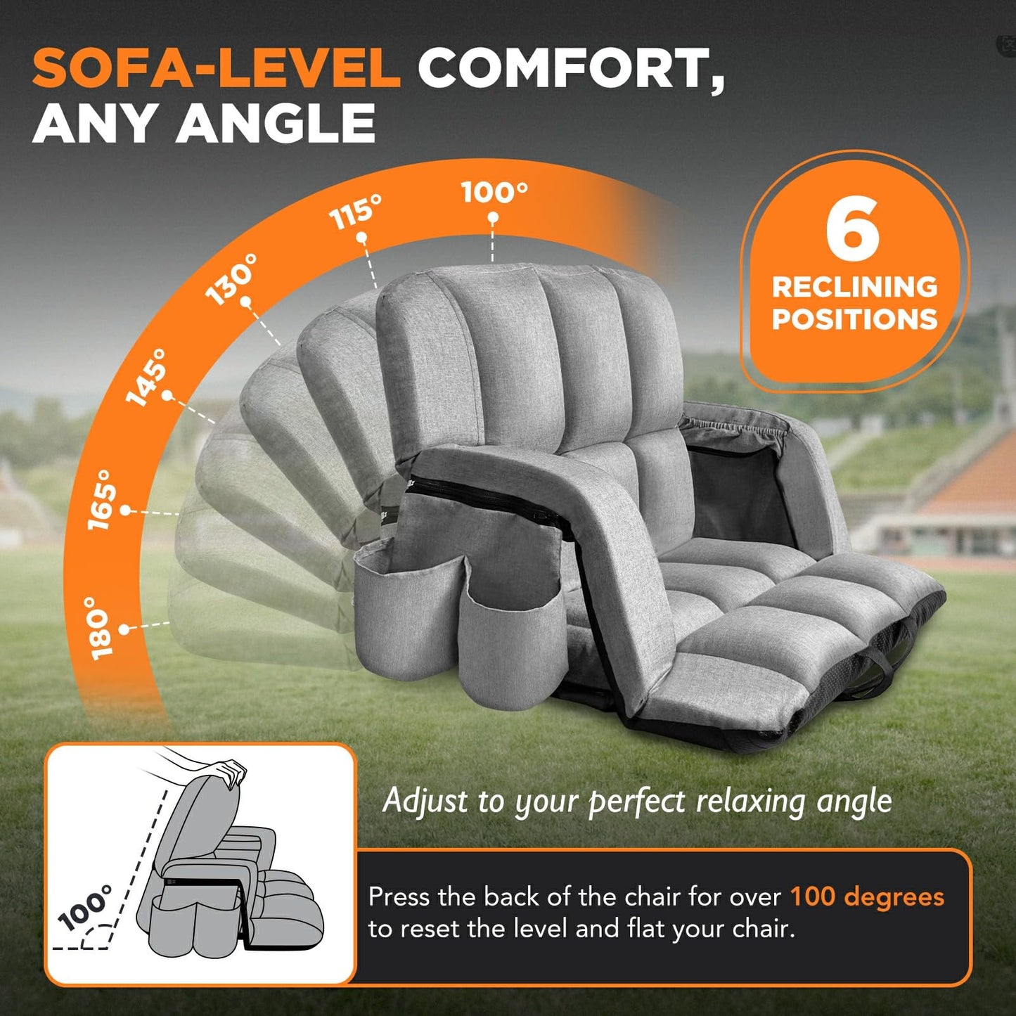 Stadium Seats with Back Support 2 Pack, 12-Grid Ergonomic 4.7" Thick Bleacher Chairs for All-Day Comfort, 6 Reclining Positions, Portable Extra Wide Adjustable Stadium Chair for Football & Baseball