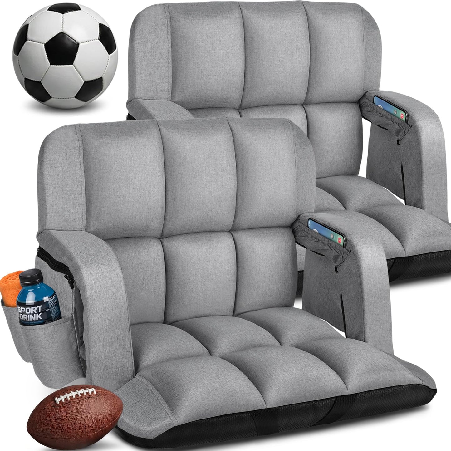 Stadium Seats with Back Support 2 Pack, 12-Grid Ergonomic 4.7" Thick Bleacher Chairs for All-Day Comfort, 6 Reclining Positions, Portable Extra Wide Adjustable Stadium Chair for Football & Baseball