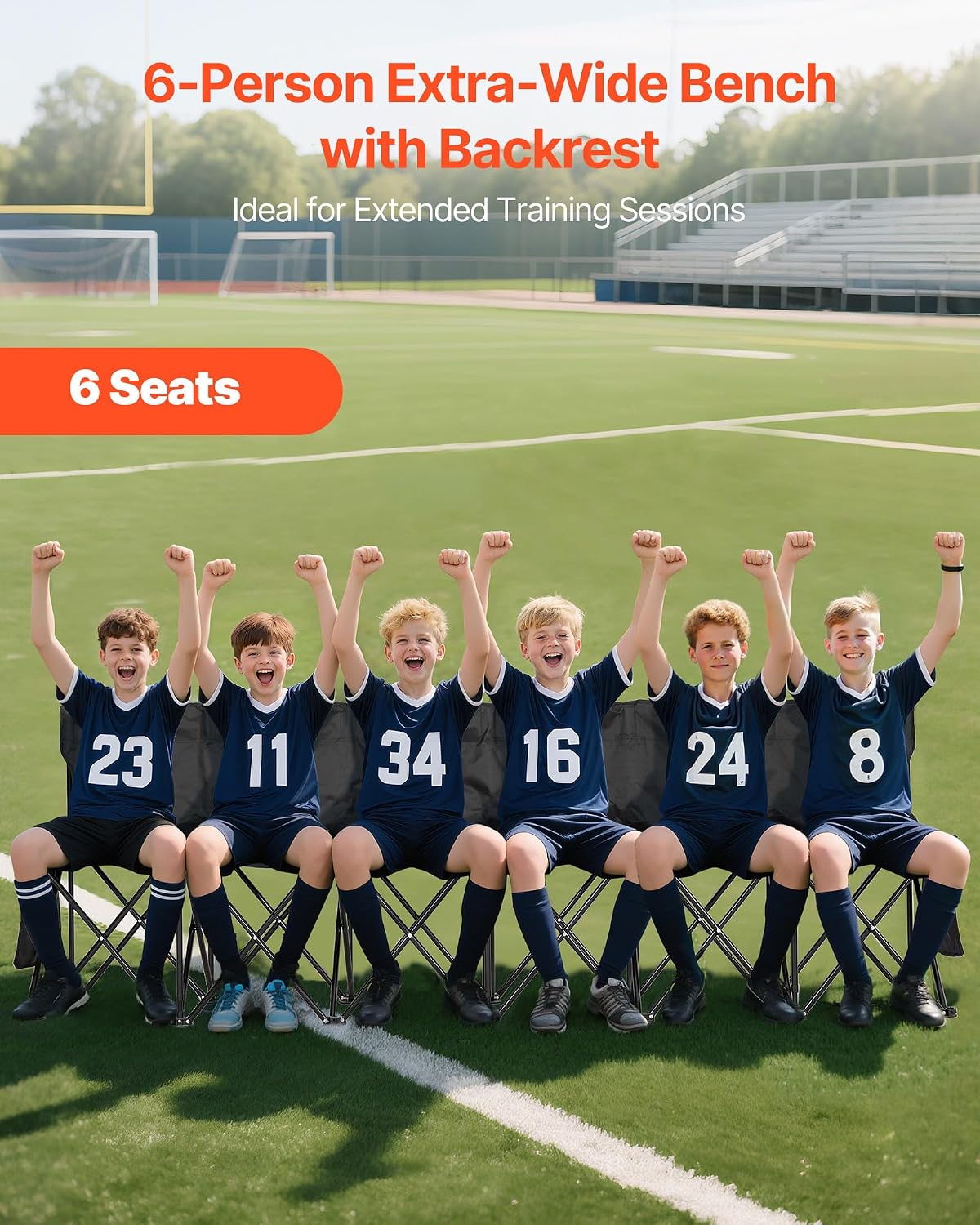 VEVOR Portable Folding Bench, 6 Seat Soccer Bench with Multiple Storage Pockets & Carrying Bag, Lightweight Sideline Seating with Back Rest for Football, Baseball, Camping, Outdoor Events, Black