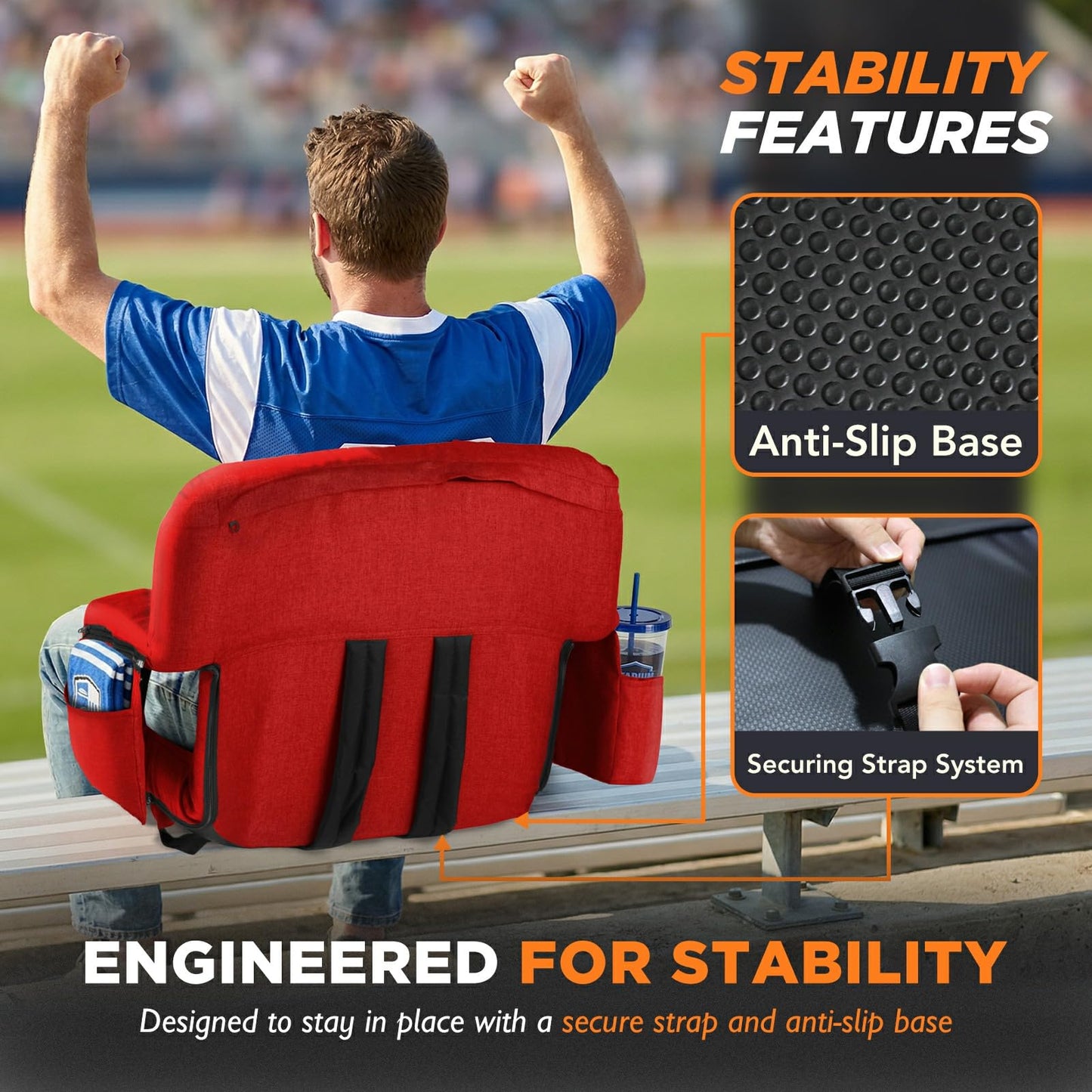 Stadium Seats with Back Support 2 Pack, 12-Grid Ergonomic 4.7" Thick Bleacher Chairs for All-Day Comfort, 6 Reclining Positions, Portable Extra Wide Adjustable Stadium Chair for Football & Baseball