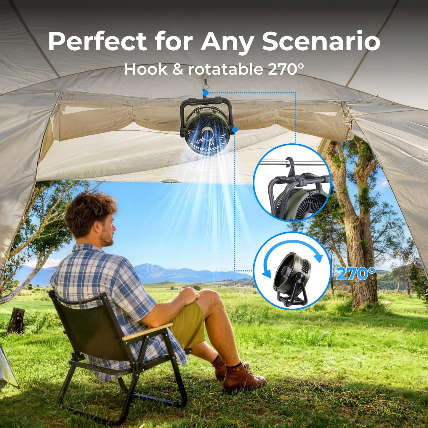 BougeRV Portable Fan Rechargeable, 20000mAh Battery Powered Fans with 4 Wind Speeds Hook Brighter Light LCD Display 270° Rotatable for Camping, Tent, Outdoors, Office, Travel, RV, Black
