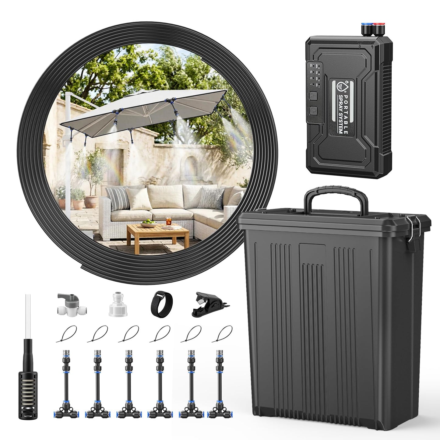 Portable 4 Gallon Misting System with 15000mAh Rechargeable Pump, 33FT Hose – Powerful Outdoor Water Bucket Misters for Outside Patio Cooling, Backyard, Canopy, Camping, Umbrella, Sports, Greenhouse