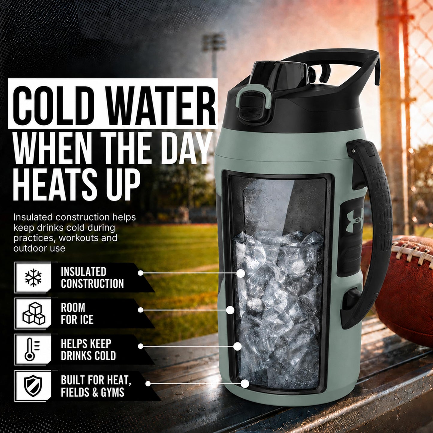Under Armour Insulated Water Bottle with Handle & Fence Hook, Half Gallon Sports Water Jug, Leak-Resistant & BPA-Free for Baseball, Football & Gym - Black/Black, 64oz
