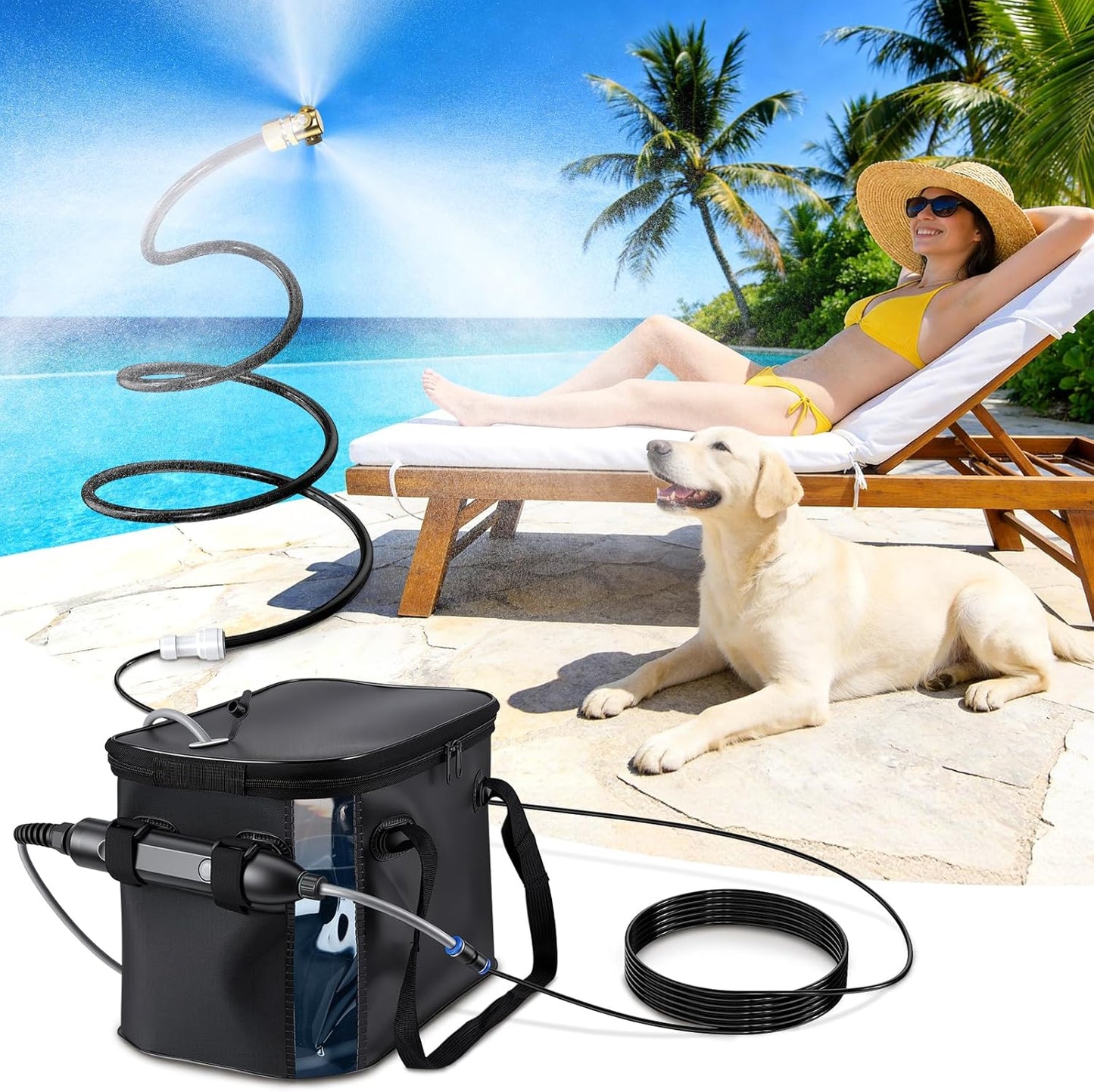 Neitra Portable Misting Systems, Water Misters Cooling Outdoor with 5000mAh Water Pump, 20L Bucket, 9.8FT Hose & 8.2FT Cobra Mist Stand for Patio/Umbrella/Poultry/Golf Cart/Camping