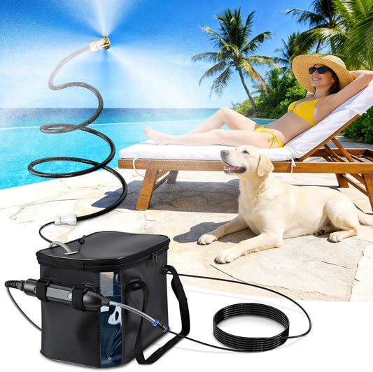 Neitra Portable Misting Systems, Water Misters Cooling Outdoor with 5000mAh Water Pump, 20L Bucket, 9.8FT Hose & 8.2FT Cobra Mist Stand for Patio/Umbrella/Poultry/Golf Cart/Camping
