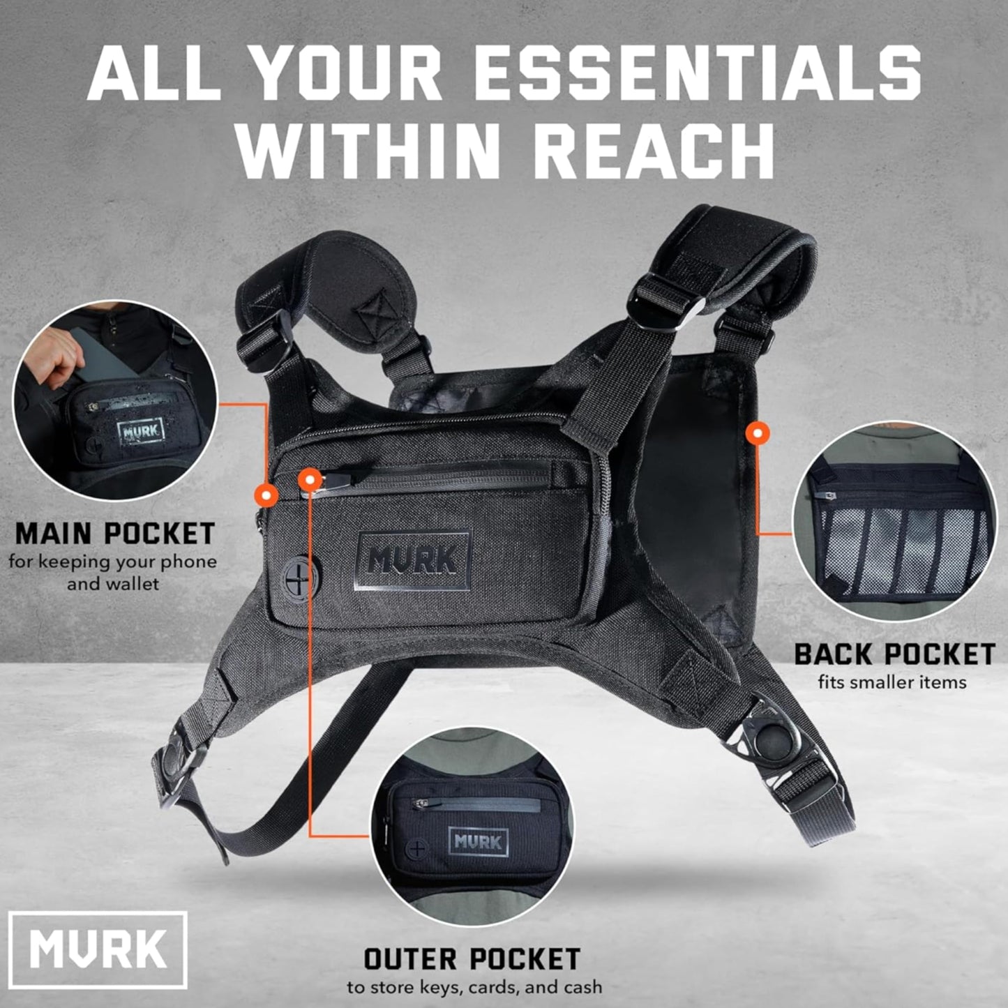 MVRK Water Resistant Running Vest Chest Pack, Phone Holder for Running, Lightweight Training Pack with Reflective Detail