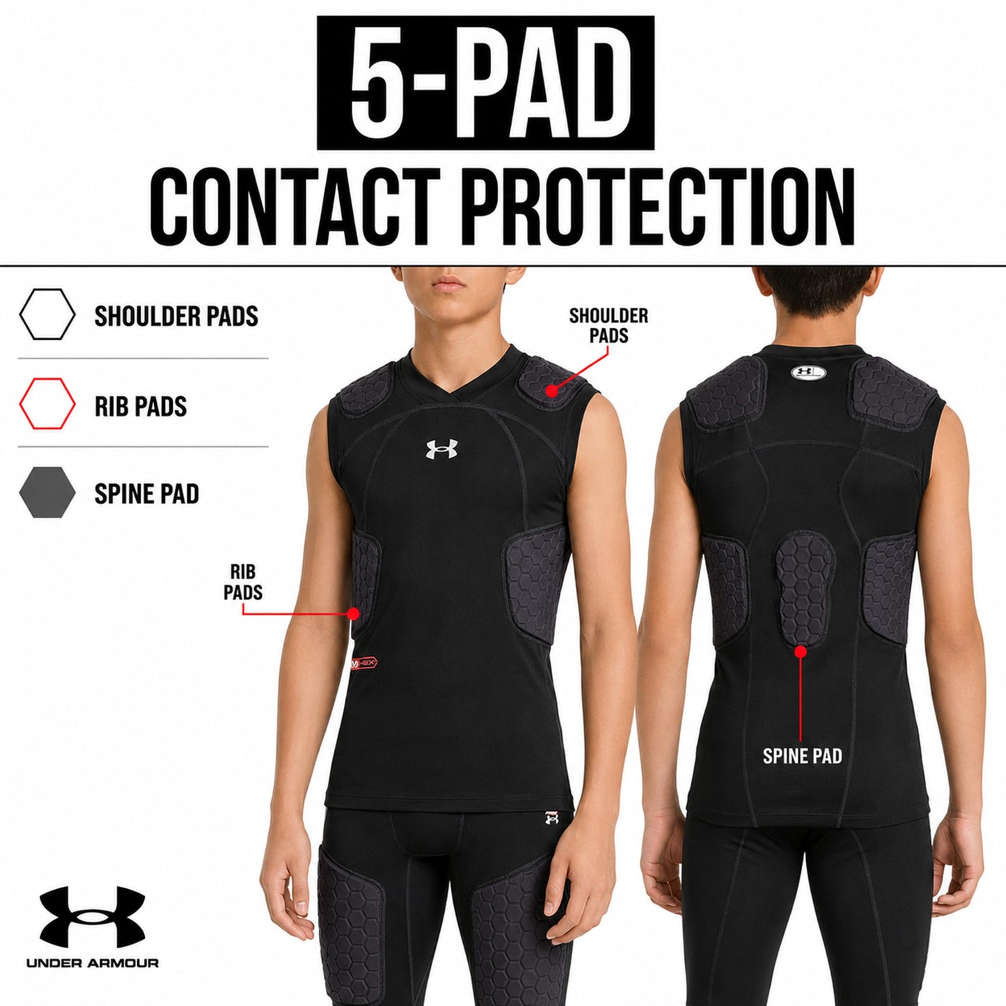 Under Armour Gameday Pro 5-Pad Youth Football Compression Shirt Protective Top