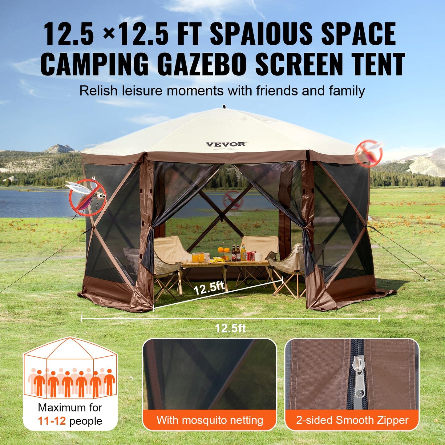 VEVOR Pop Up Gazebo Screen Tent 6 Sided Canopy Sun Shelter with 6 Removable Privacy Wind Cloths & Mesh Windows, 10x10FT Quick Set Screen Tent with Mosquito Netting, Army Green