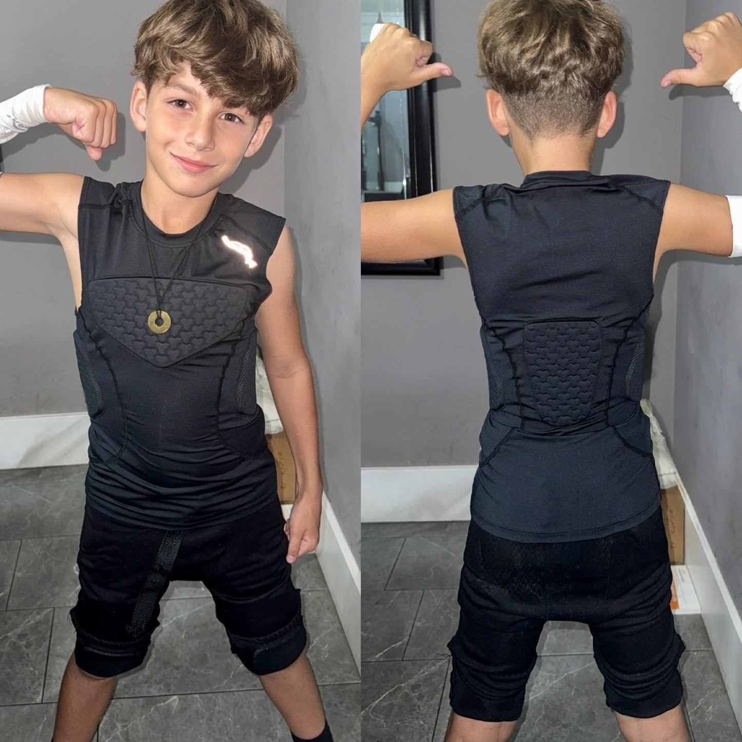 COOLOMG Youth Padded Football Shirt Chest Rib Protector | Football Compression Undershirt Back Protection