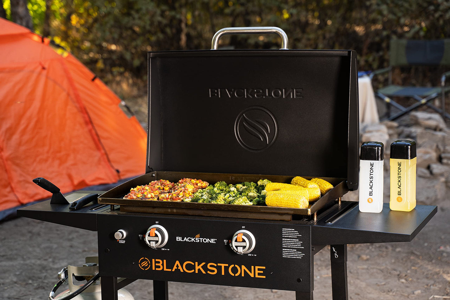 Blackstone 2450AZ 28" Omnivore Griddle with Hood Bundle | Includes 28" Griddle with Hood, Soft Cover, and Two Spatulas