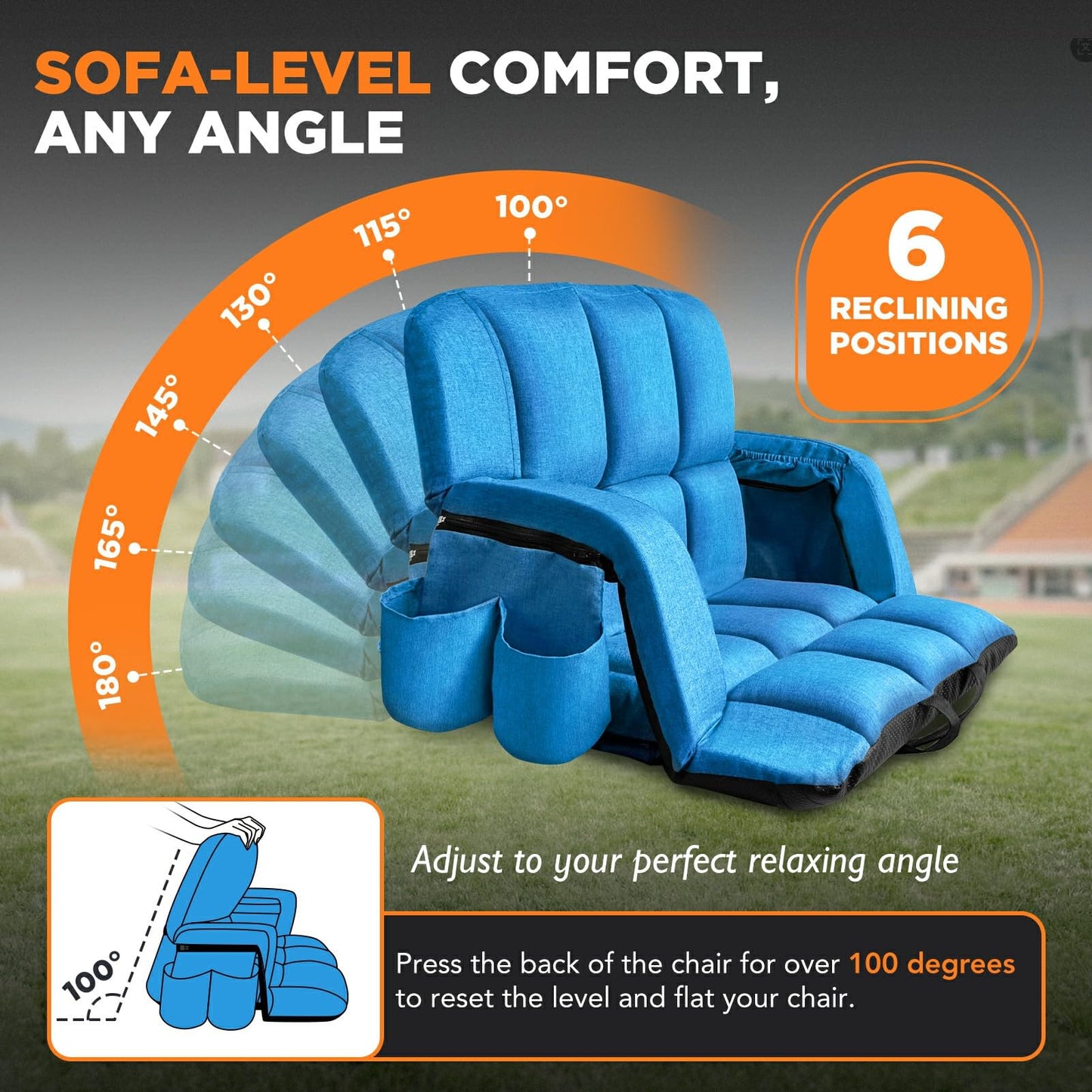 Stadium Seats with Back Support 2 Pack, 12-Grid Ergonomic 4.7" Thick Bleacher Chairs for All-Day Comfort, 6 Reclining Positions, Portable Extra Wide Adjustable Stadium Chair for Football & Baseball