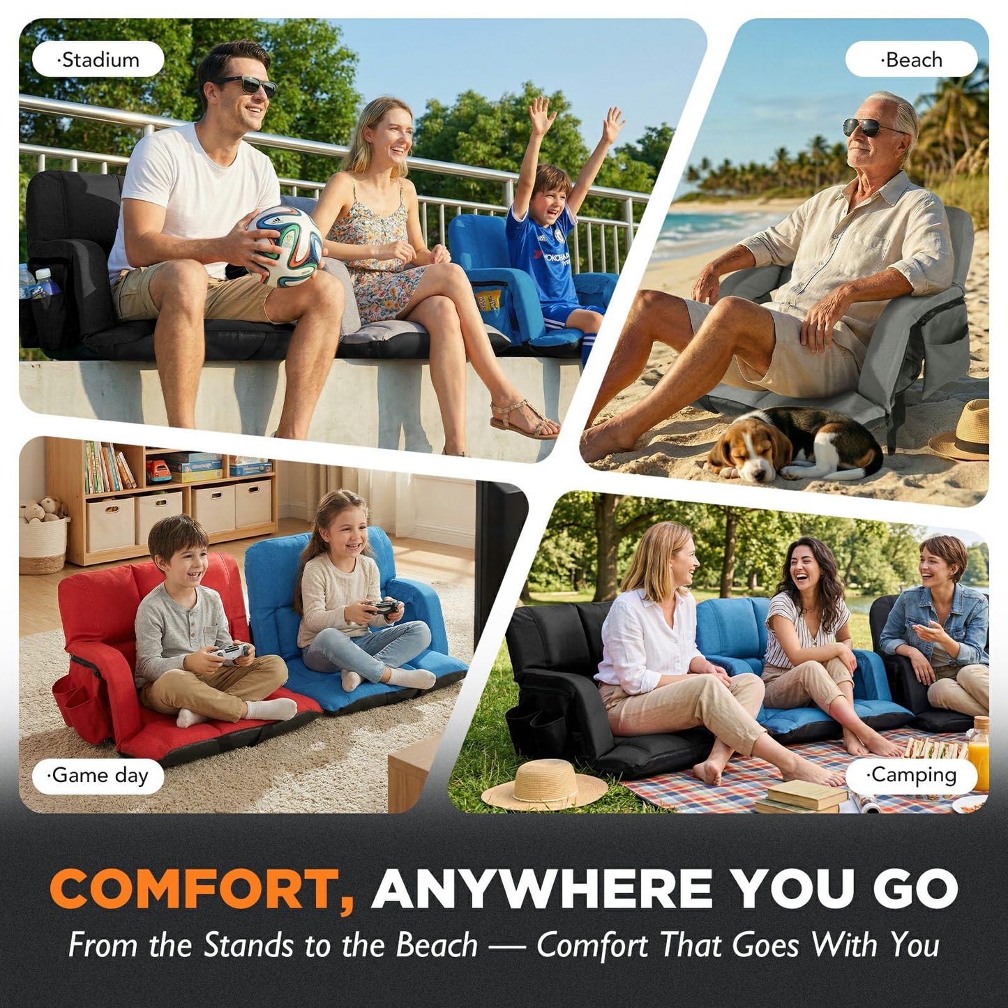 Stadium Seats with Back Support 2 Pack, 12-Grid Ergonomic 4.7" Thick Bleacher Chairs for All-Day Comfort, 6 Reclining Positions, Portable Extra Wide Adjustable Stadium Chair for Football & Baseball