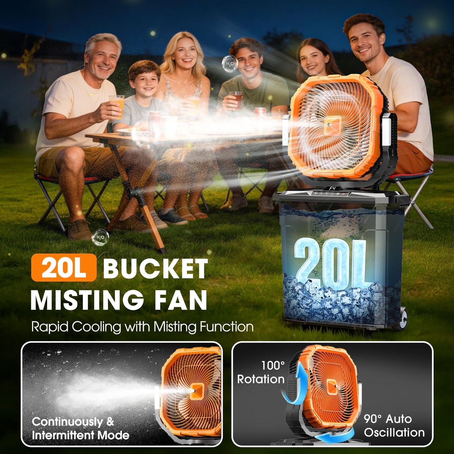 Ausic 5 Gal 12" Portable Misting Fan for Outside Patios, 30000mAh Outdoor Oscillating Rechargeable Battery Fan, Cooling Water Camping Fan with Telescopic Handle/Remote, Summer Essentials