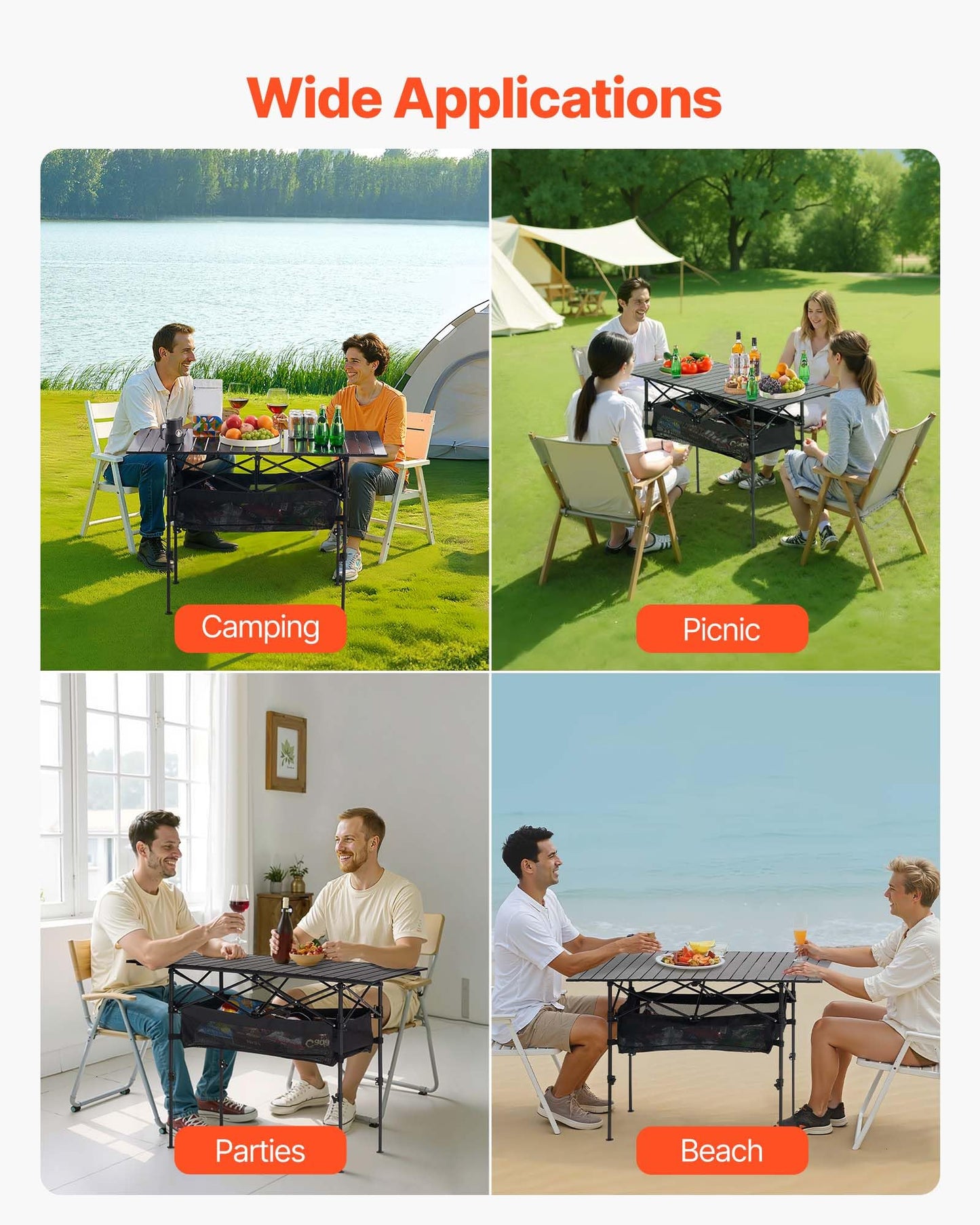 VEVOR Folding Camping Table, Portable Roll Up Side Tables, Lightweight Aluminum Beach Table for Outdoor BBQ Tailgating Picnic, Travel (47 inch-Black)