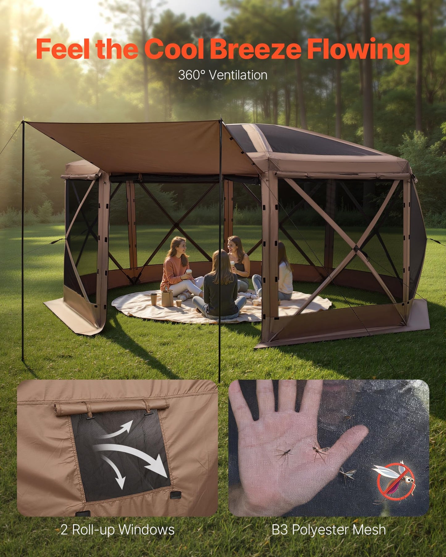 VEVOR Pop Up Gazebo Screen Tent 6 Sided Canopy Sun Shelter with 6 Removable Privacy Wind Cloths & Mesh Windows, 10x10FT Quick Set Screen Tent with Mosquito Netting, Army Green