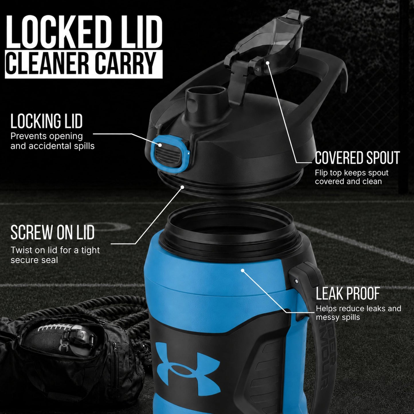Under Armour Insulated Water Bottle with Handle & Fence Hook, Half Gallon Sports Water Jug, Leak-Resistant & BPA-Free for Baseball, Football & Gym - Black/Black, 64oz