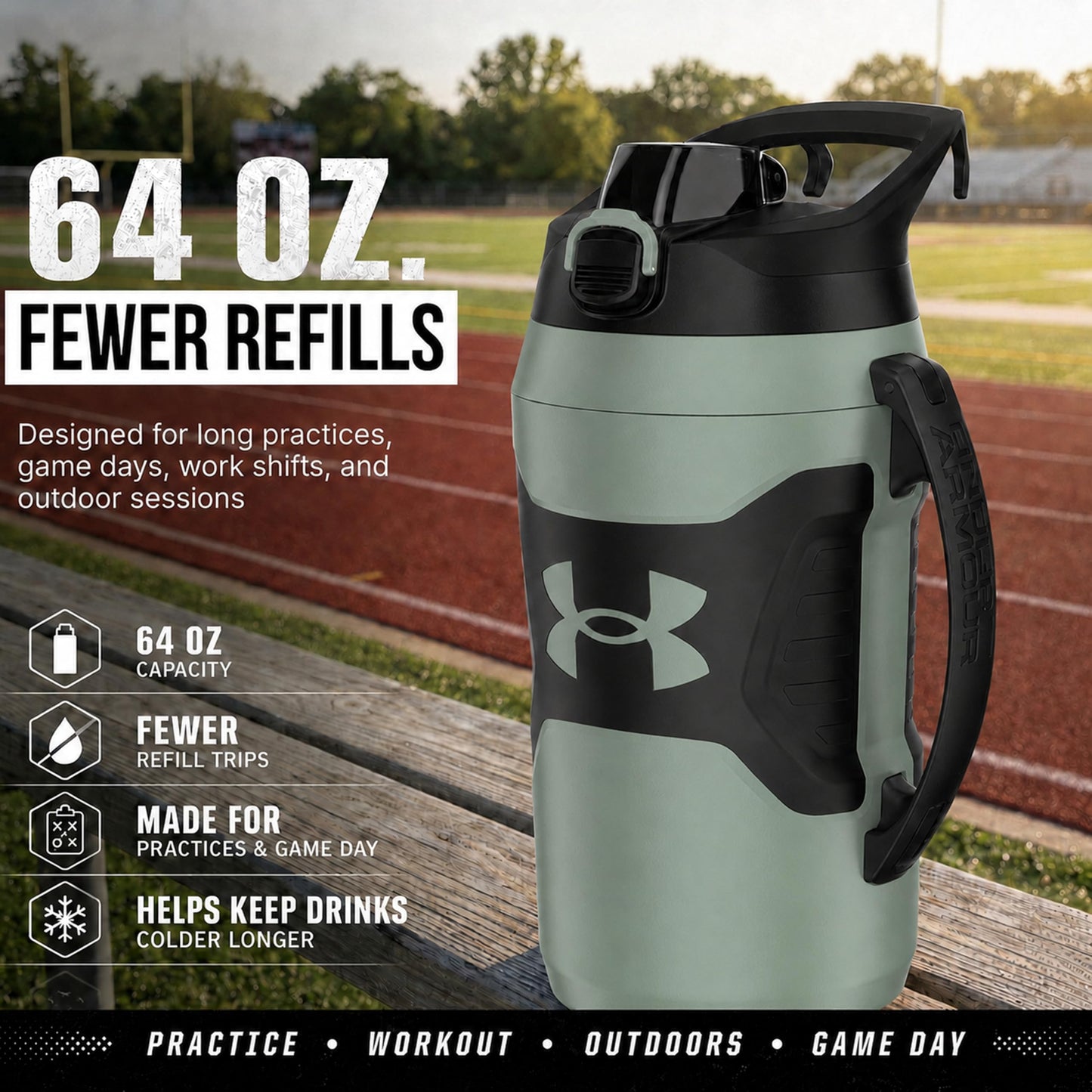 Under Armour Insulated Water Bottle with Handle & Fence Hook, Half Gallon Sports Water Jug, Leak-Resistant & BPA-Free for Baseball, Football & Gym - Black/Black, 64oz