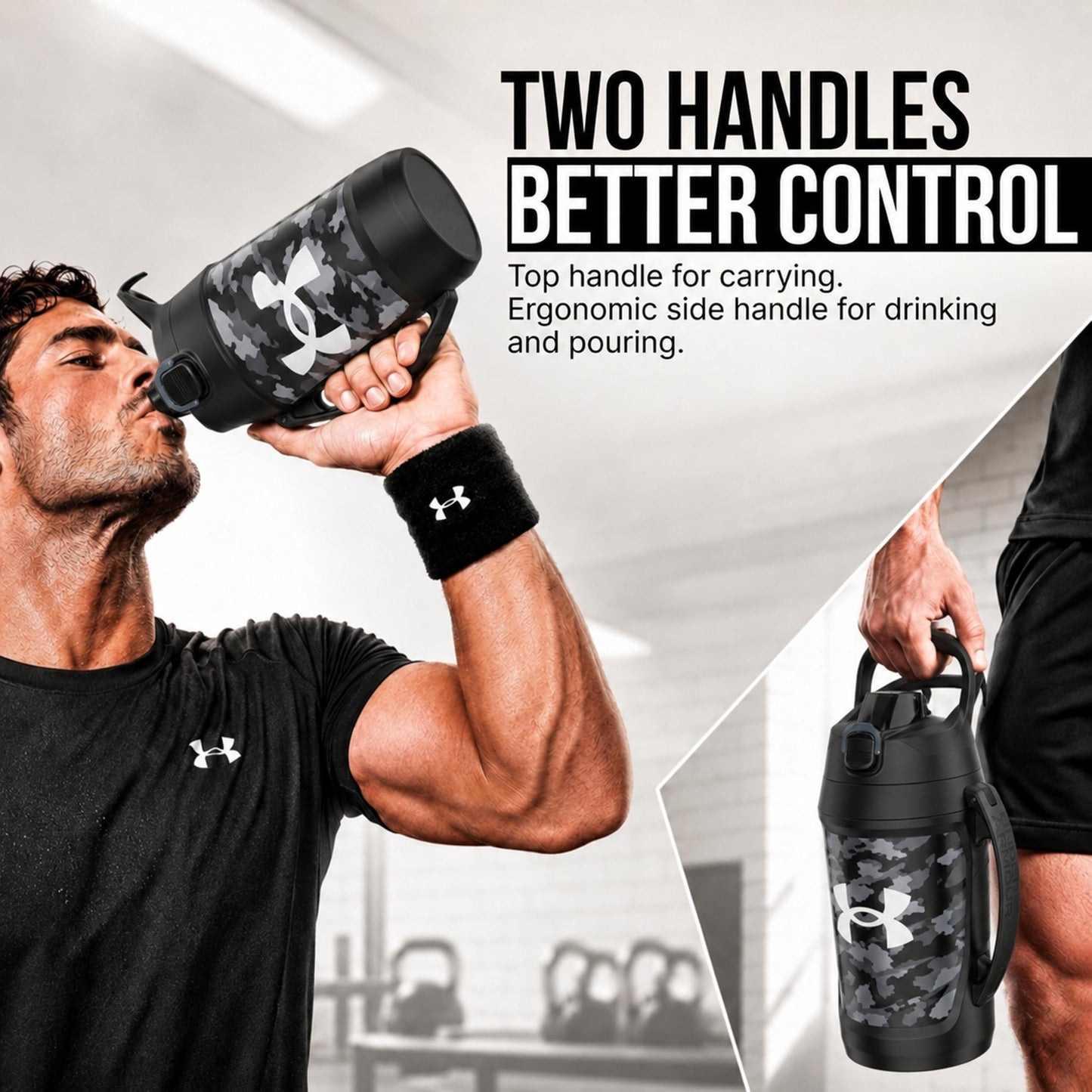 Under Armour Insulated Water Bottle with Handle & Fence Hook, Half Gallon Sports Water Jug, Leak-Resistant & BPA-Free for Baseball, Football & Gym - Black/Black, 64oz