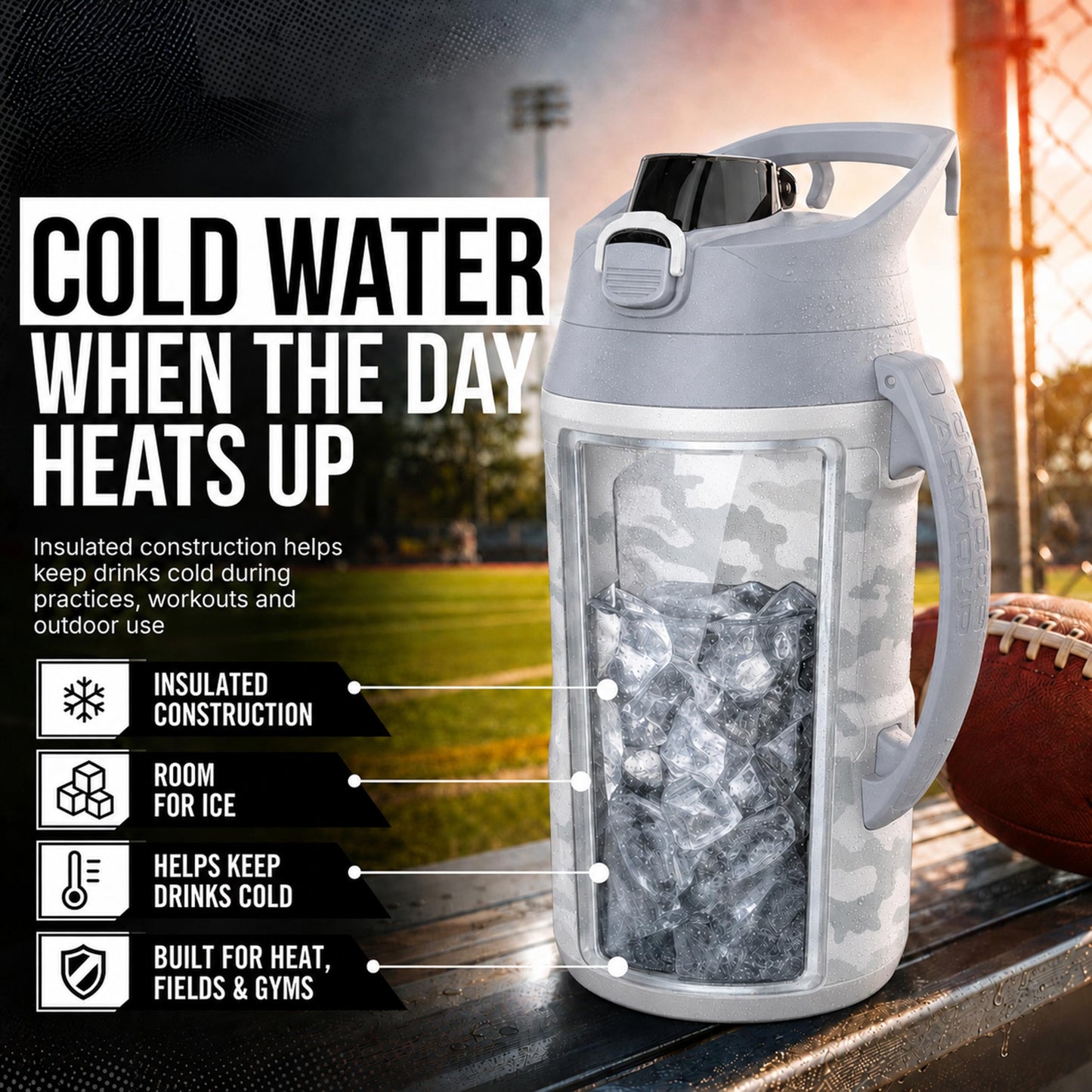 Under Armour Insulated Water Bottle with Handle & Fence Hook, Half Gallon Sports Water Jug, Leak-Resistant & BPA-Free for Baseball, Football & Gym - Black/Black, 64oz