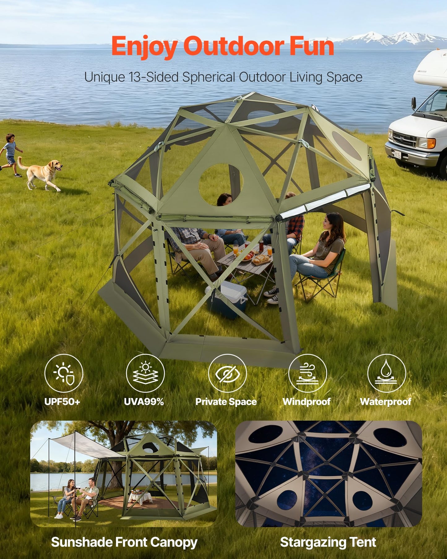 VEVOR Pop Up Gazebo Screen Tent 6 Sided Canopy Sun Shelter with 6 Removable Privacy Wind Cloths & Mesh Windows, 10x10FT Quick Set Screen Tent with Mosquito Netting, Army Green