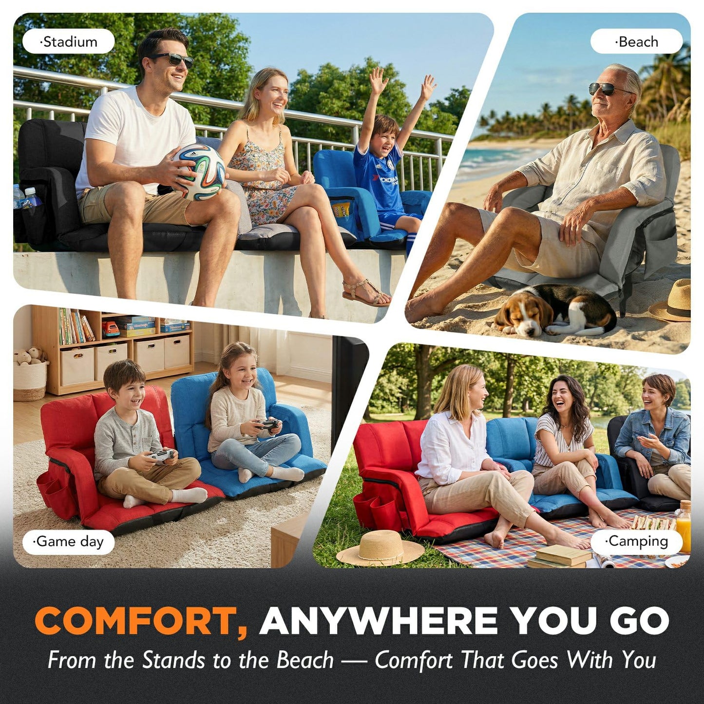 Stadium Seats with Back Support 2 Pack, 12-Grid Ergonomic 4.7" Thick Bleacher Chairs for All-Day Comfort, 6 Reclining Positions, Portable Extra Wide Adjustable Stadium Chair for Football & Baseball