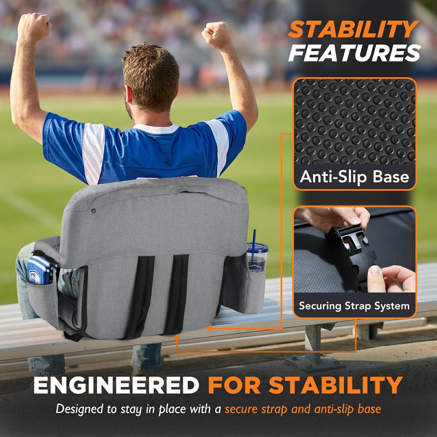 Stadium Seats with Back Support 2 Pack, 12-Grid Ergonomic 4.7" Thick Bleacher Chairs for All-Day Comfort, 6 Reclining Positions, Portable Extra Wide Adjustable Stadium Chair for Football & Baseball