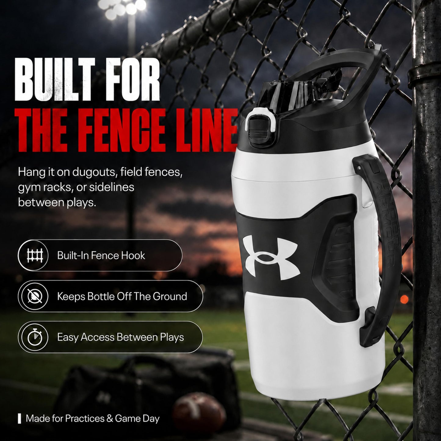 Under Armour Insulated Water Bottle with Handle & Fence Hook, Half Gallon Sports Water Jug, Leak-Resistant & BPA-Free for Baseball, Football & Gym - Black/Black, 64oz