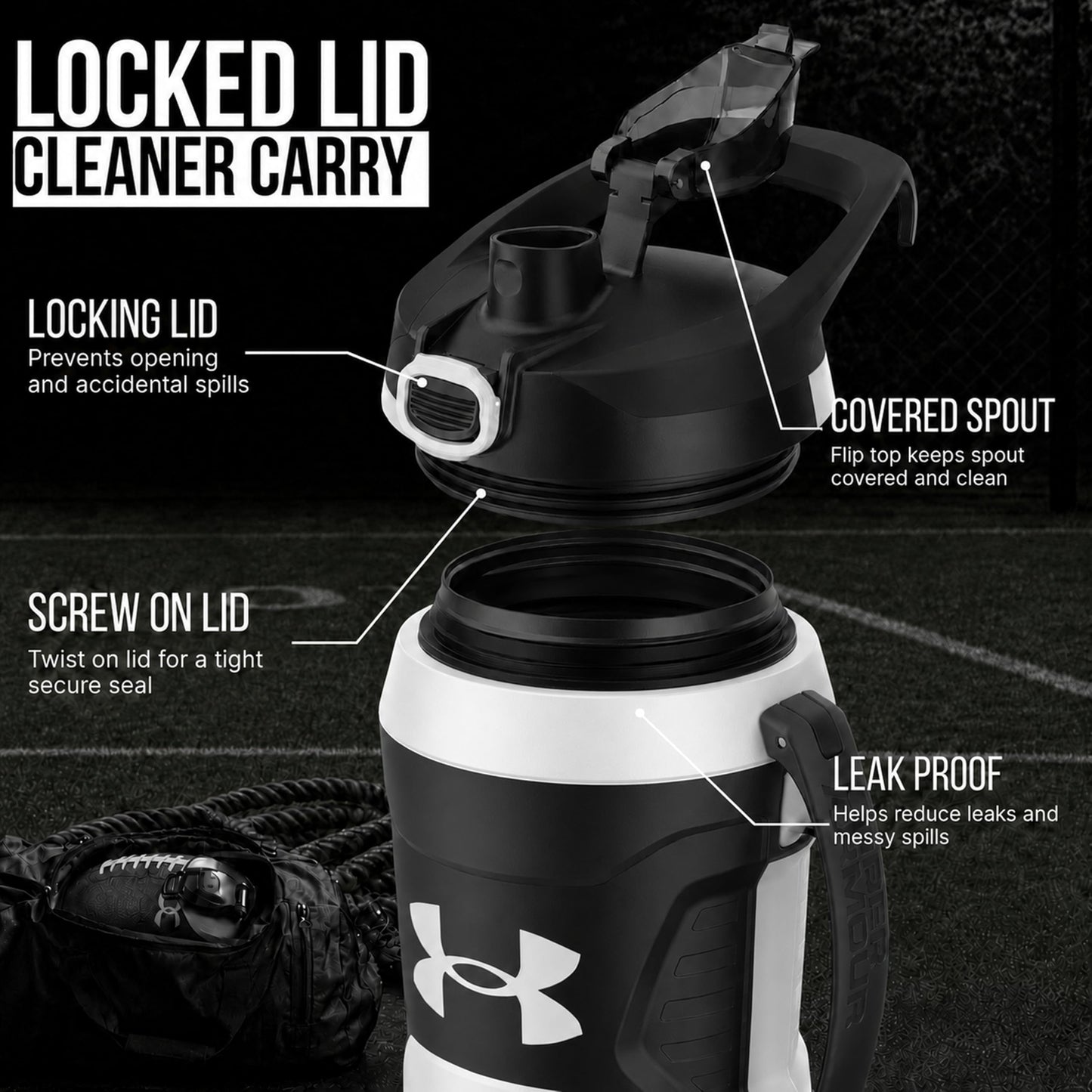 Under Armour Insulated Water Bottle with Handle & Fence Hook, Half Gallon Sports Water Jug, Leak-Resistant & BPA-Free for Baseball, Football & Gym - Black/Black, 64oz