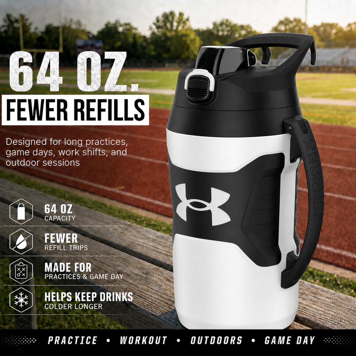 Under Armour Insulated Water Bottle with Handle & Fence Hook, Half Gallon Sports Water Jug, Leak-Resistant & BPA-Free for Baseball, Football & Gym - Black/Black, 64oz