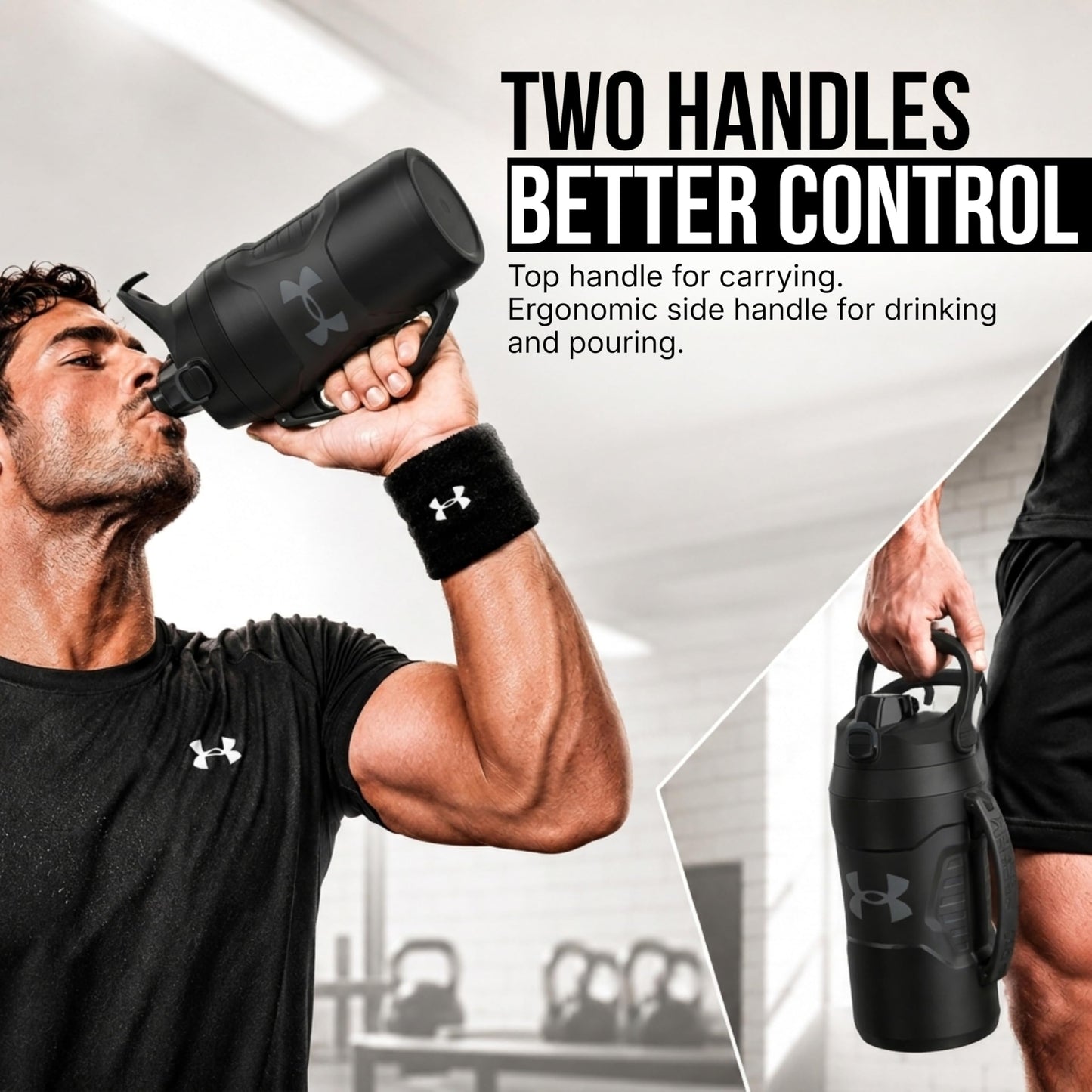 Under Armour Insulated Water Bottle with Handle & Fence Hook, Half Gallon Sports Water Jug, Leak-Resistant & BPA-Free for Baseball, Football & Gym - Black/Black, 64oz
